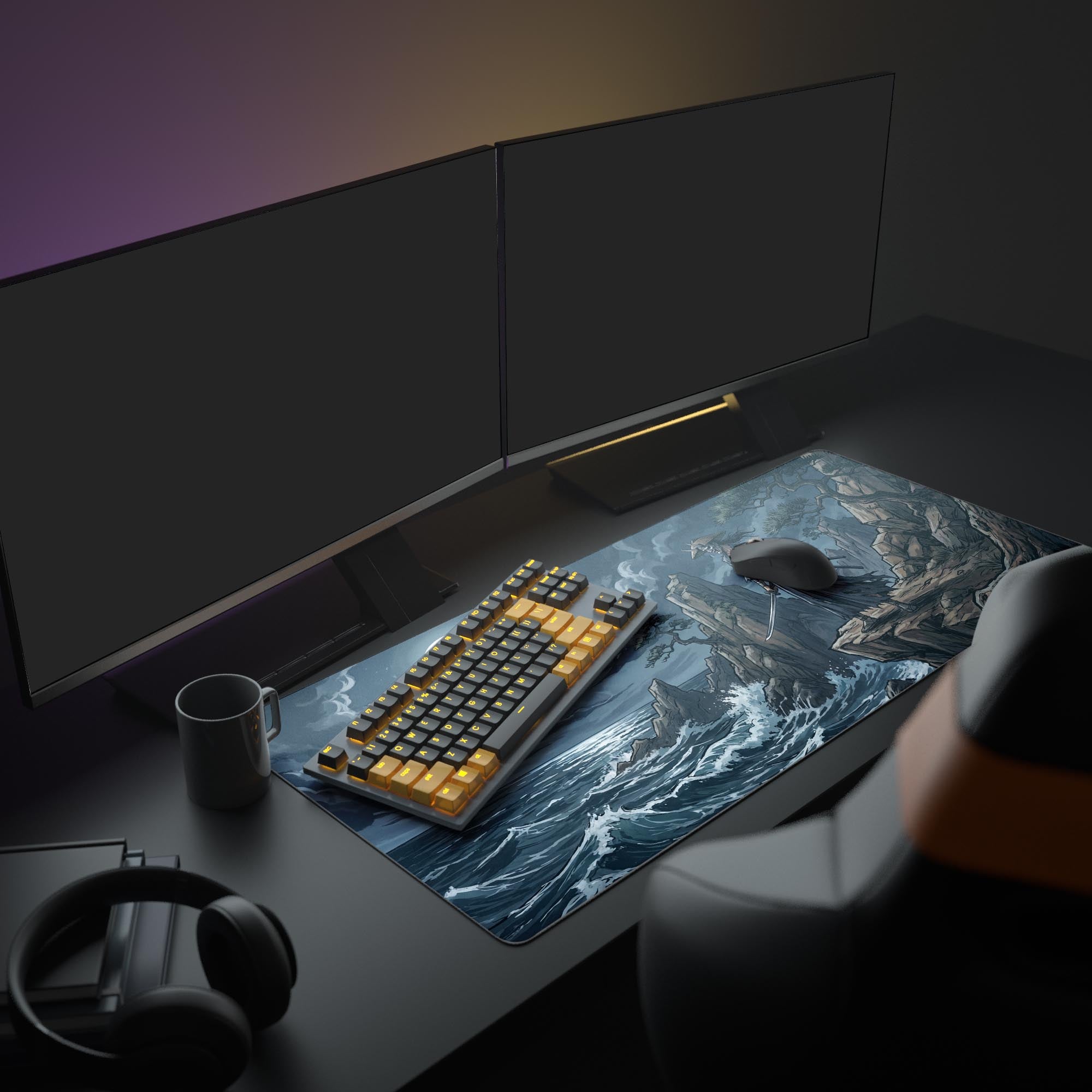 A full gaming setup with the 'Tide and Steel' XL Mouse Pad, which depicts a samurai warrior overlooking a stormy sea under a full moon. - Epic Design Pads & Mousepads
