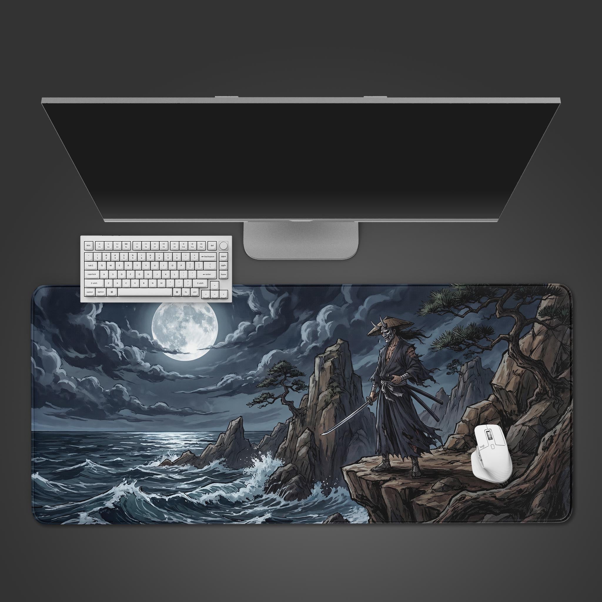 The 'Tide and Steel' Gaming Desk Mat from a top-down view with a white keyboard and mouse, featuring its samurai warrior on a cliff design. - Epic Design Pads & Mousepads