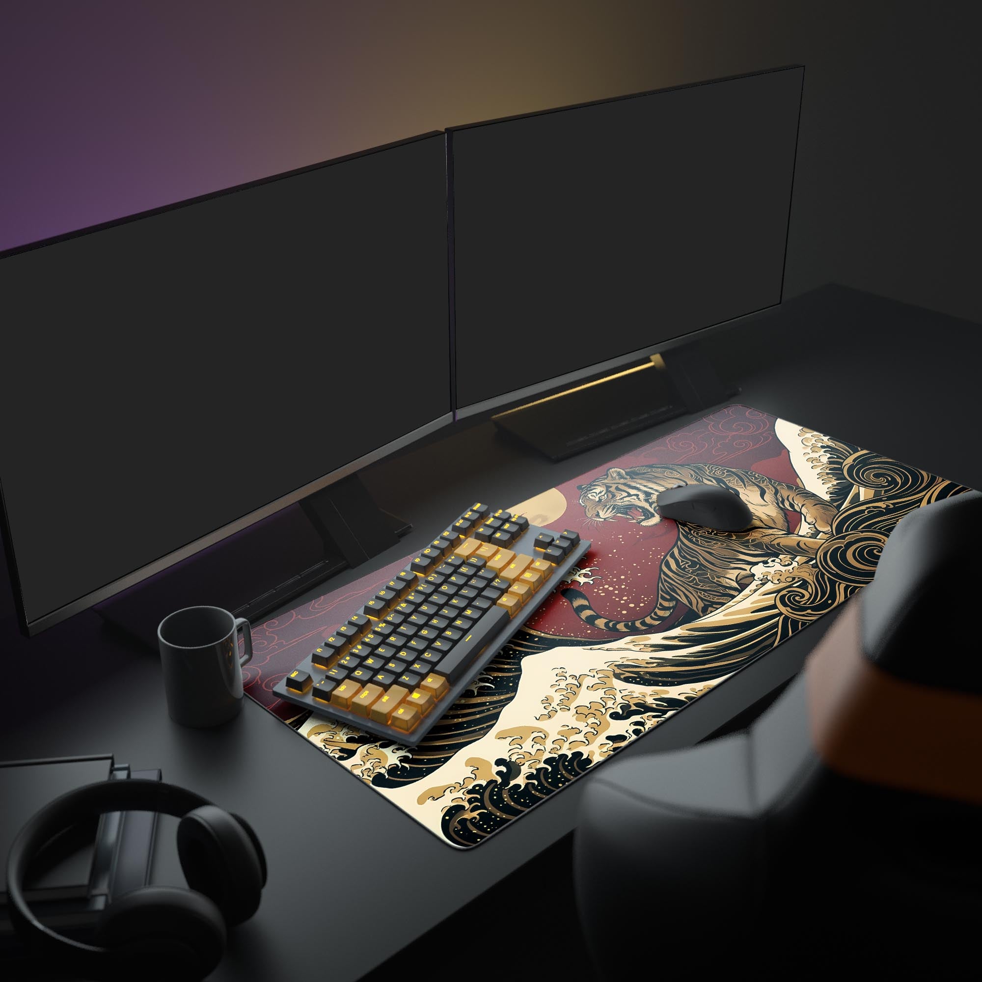A modern desk setup featuring the Tide Tiger mouse pad, which displays a Japanese art style tiger and wave design. The setup includes a monitor and peripherals. - Epic Design Pads & Mousepads
