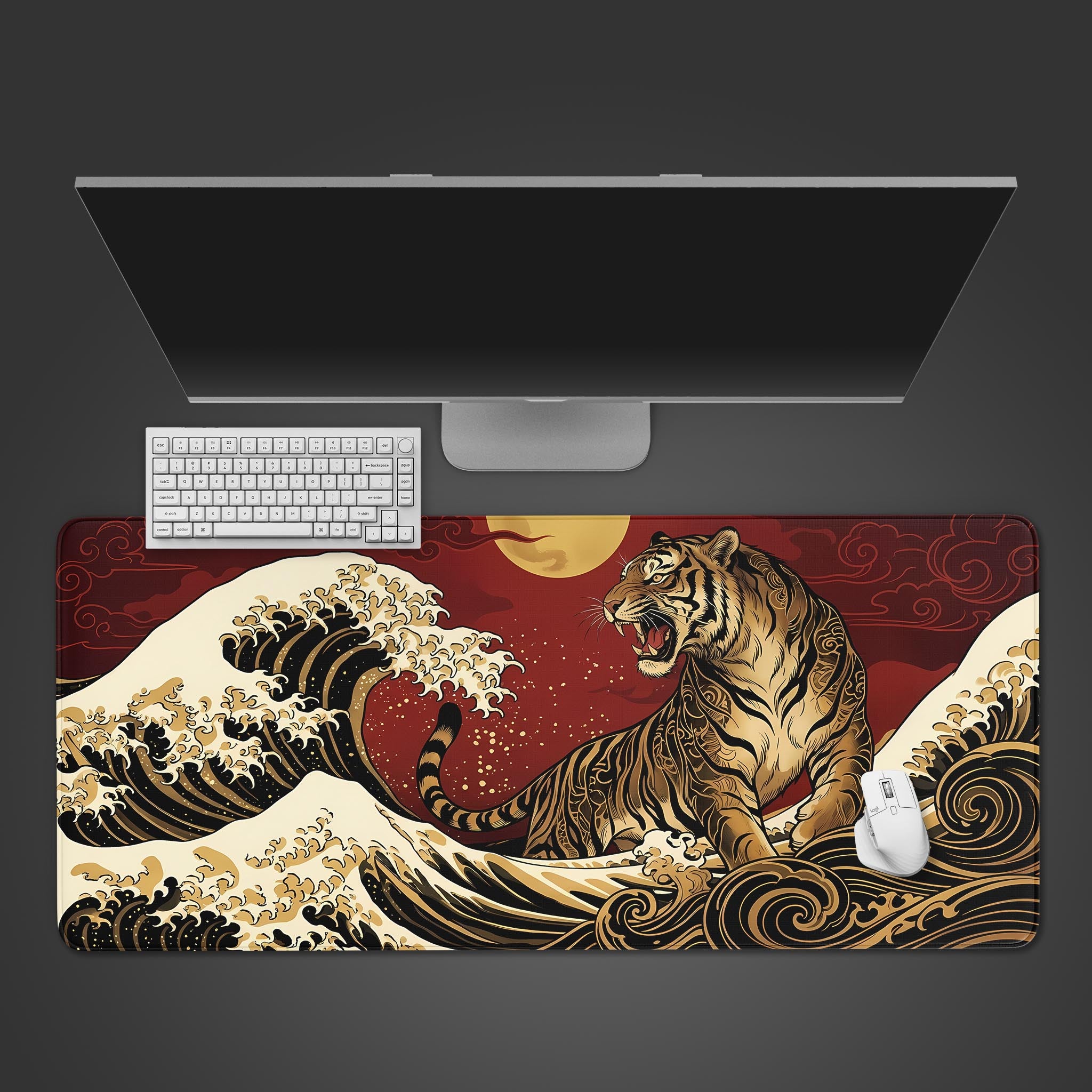 A top-down view of the Tide Tiger gaming desk mat, featuring a Japanese Ukiyo-e style tiger and wave art, with a white keyboard and mouse on top. - Epic Design Pads & Mousepads