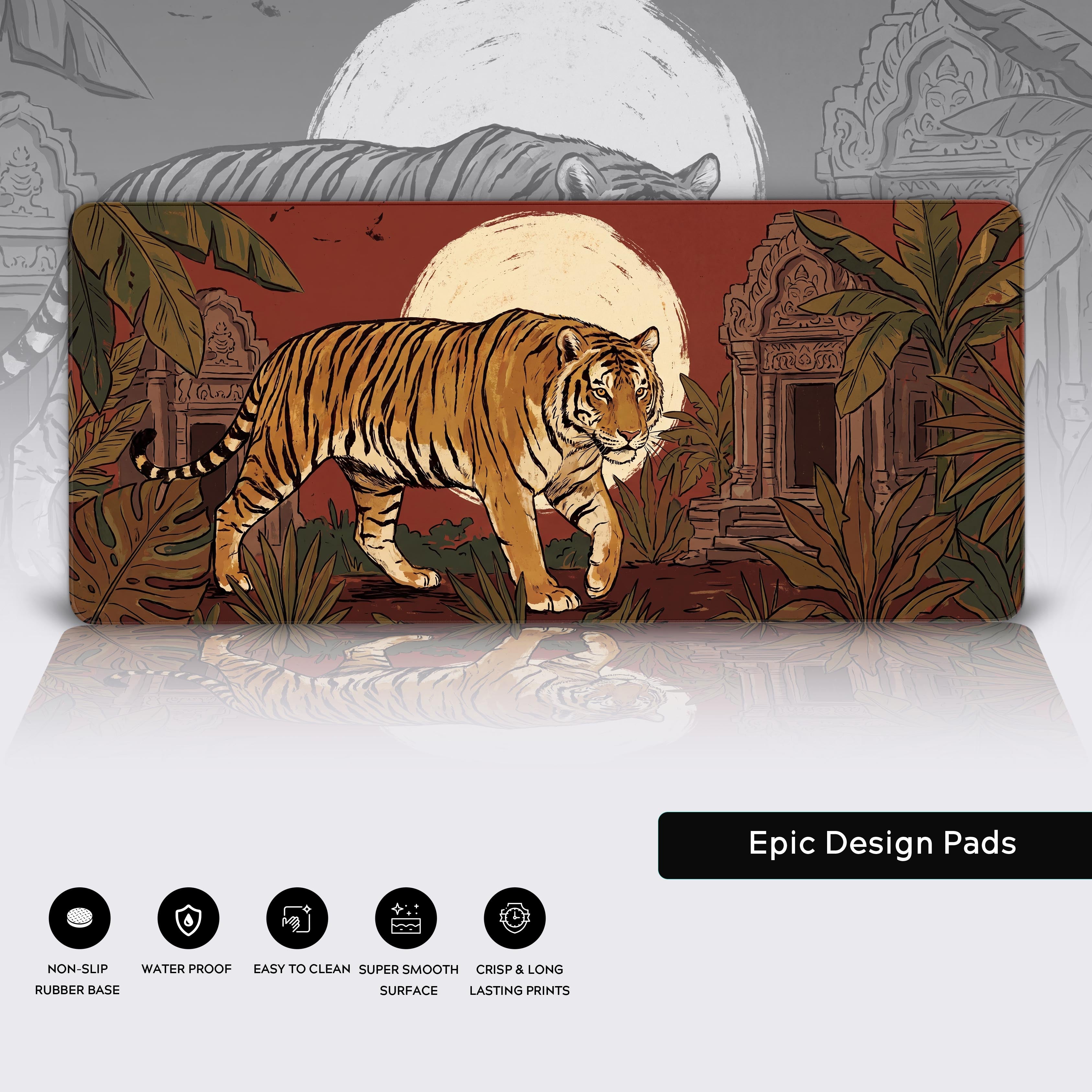 Full view of the vibrant orange tiger gaming mouse pad with tropical foliage and terracotta background.