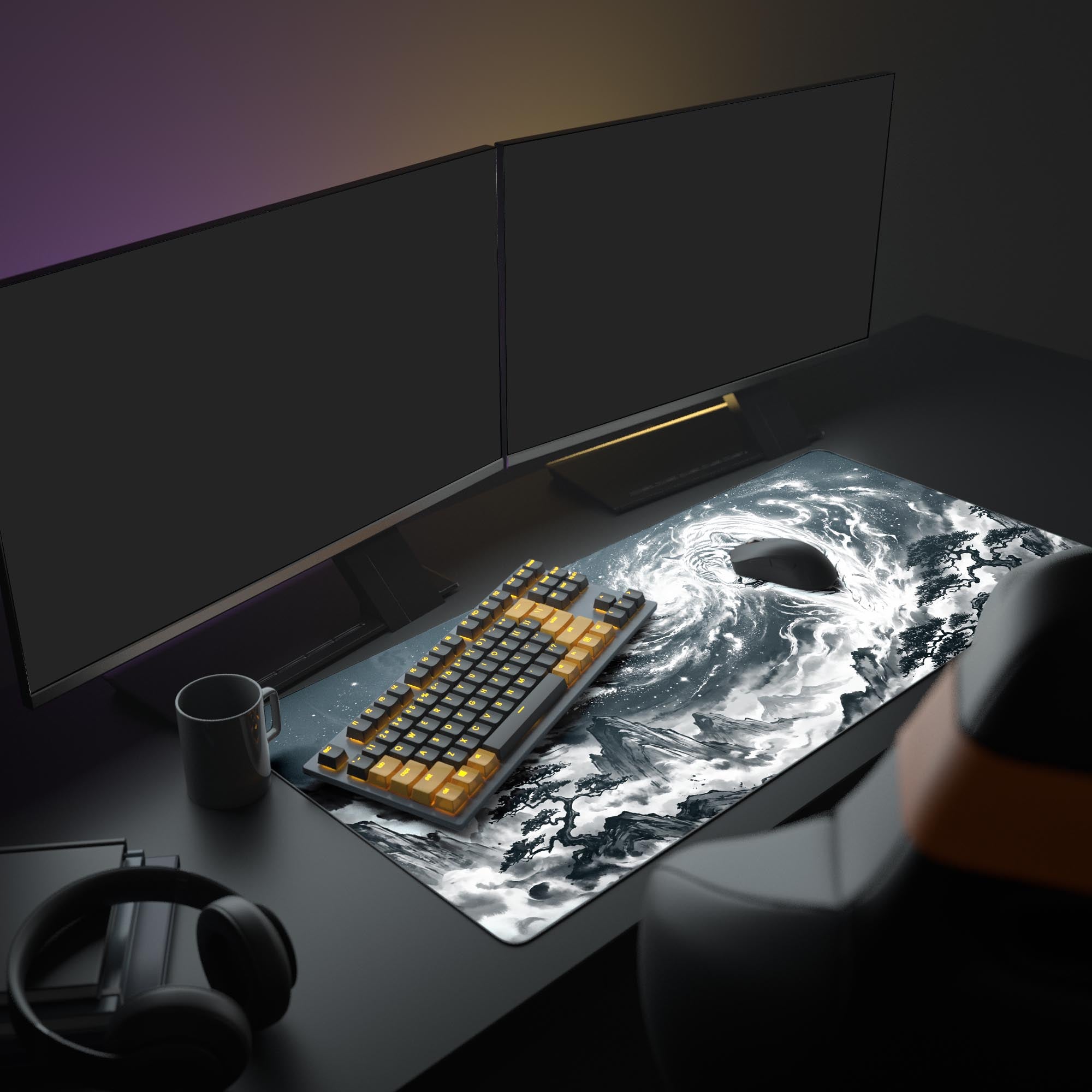 Close-up of the Celestial Tiger desk mat showing detailed black and white ink wash style pine trees and mountains.