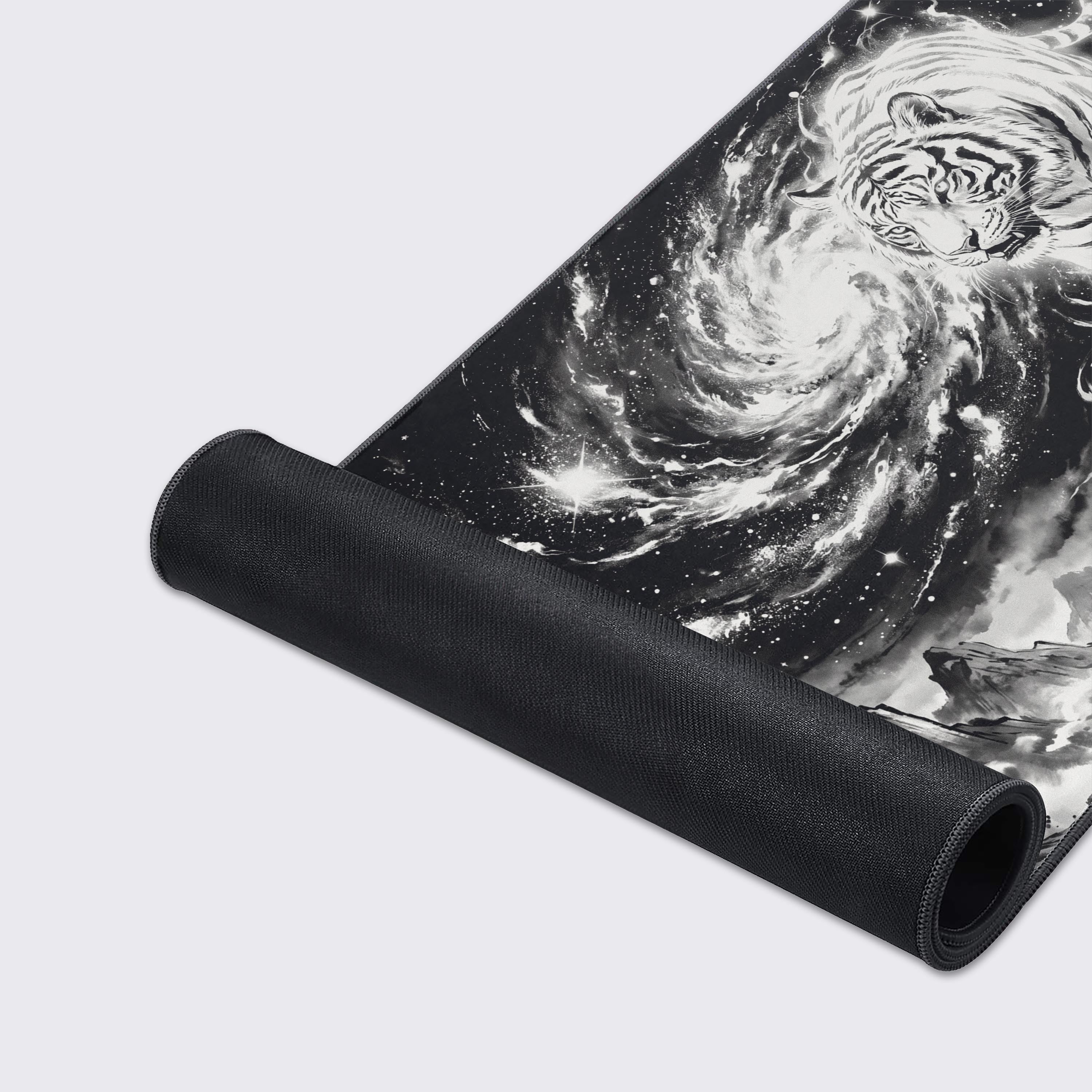 Top-down view of the monochromatic cosmic tiger mouse pad showcasing the waterproof and smooth surface.