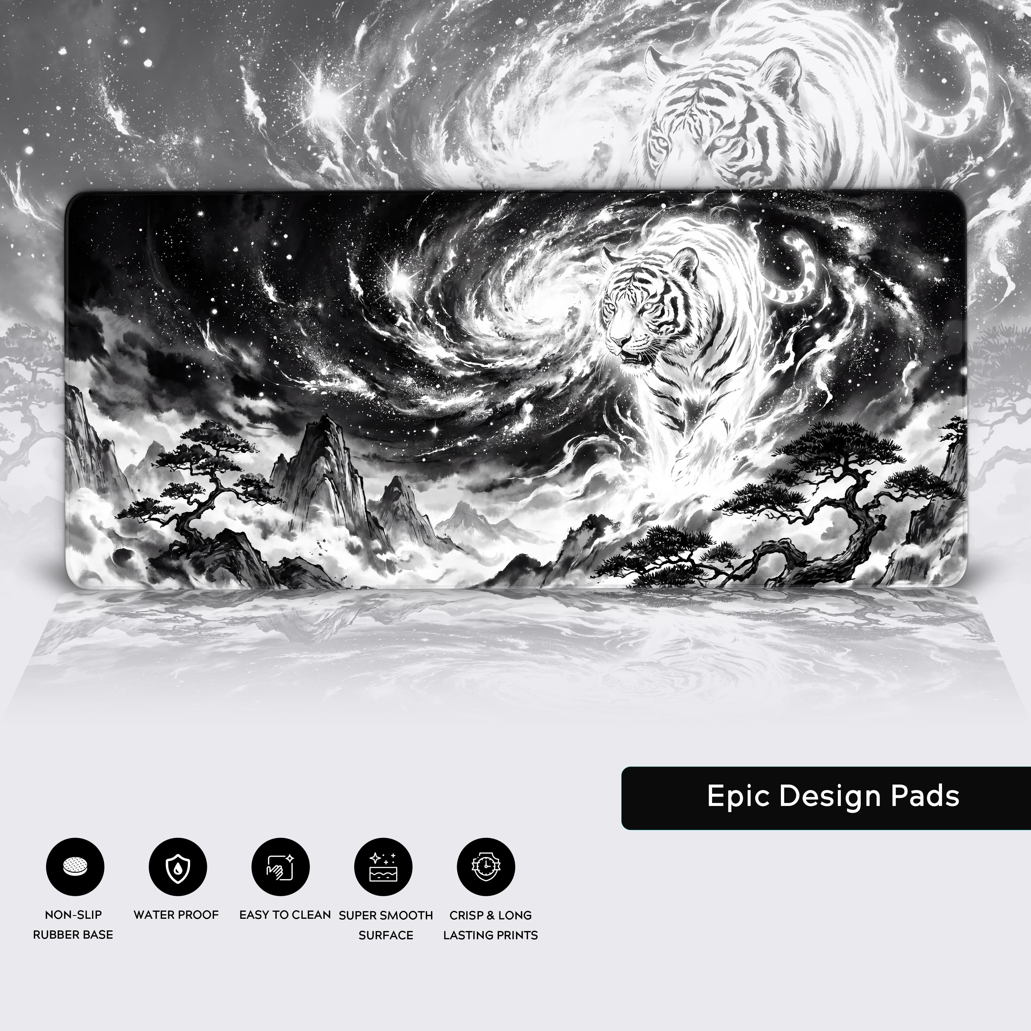 Product feature breakdown of the Celestial Tiger desk mat highlighting non-slip rubber base and crisp printing.