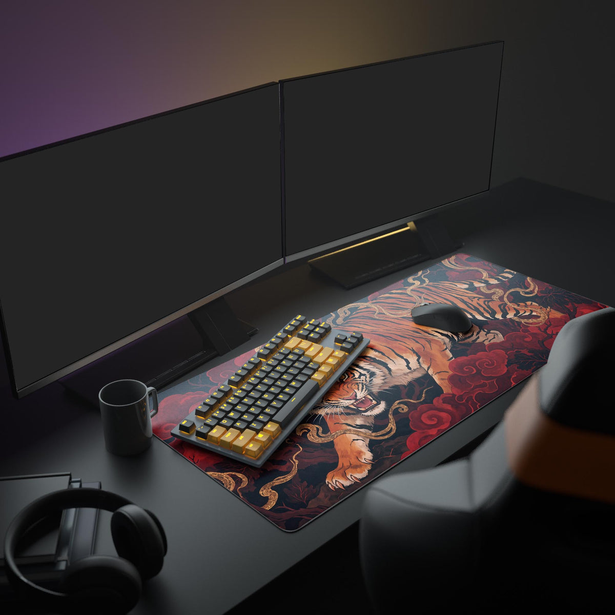 Top-down view of the tiger desk mat highlighting the vibrant orange fur and deep red mythological background.