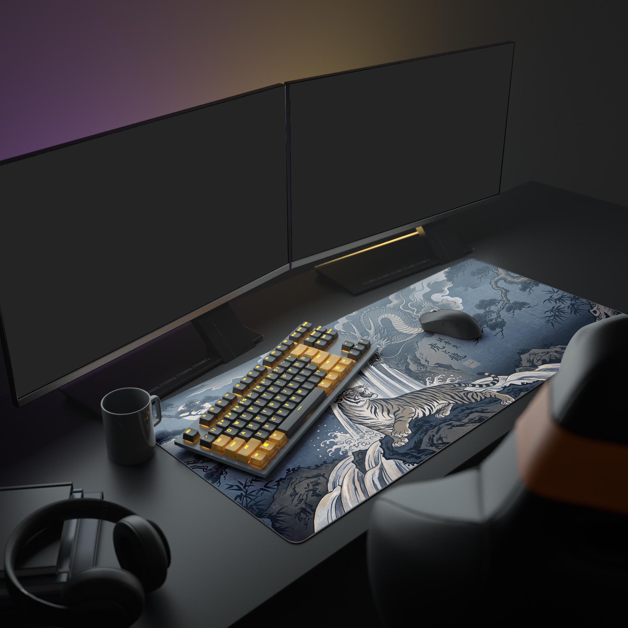 Front view of an extended mouse pad featuring a legendary tiger and dragon hovering over a reflective white surface.