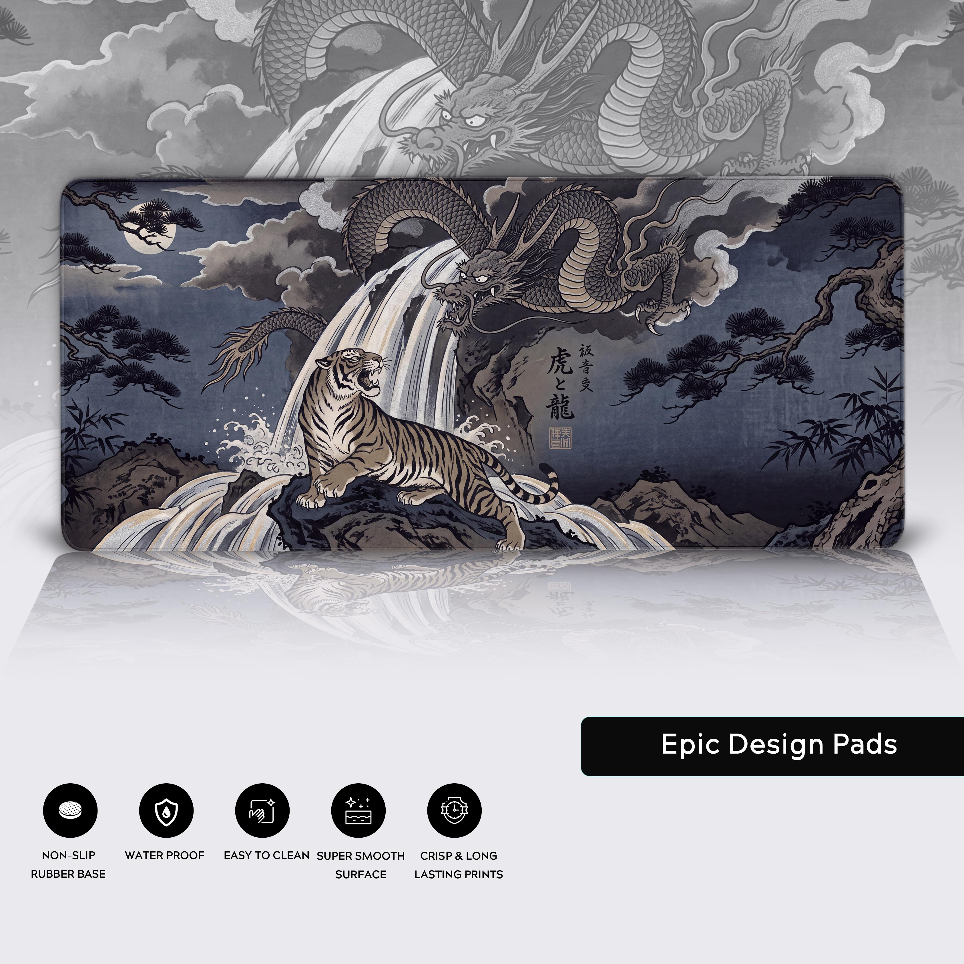 Epic Design Pads product view showcasing the traditional ink-wash tiger and dragon artwork alongside feature icons.
