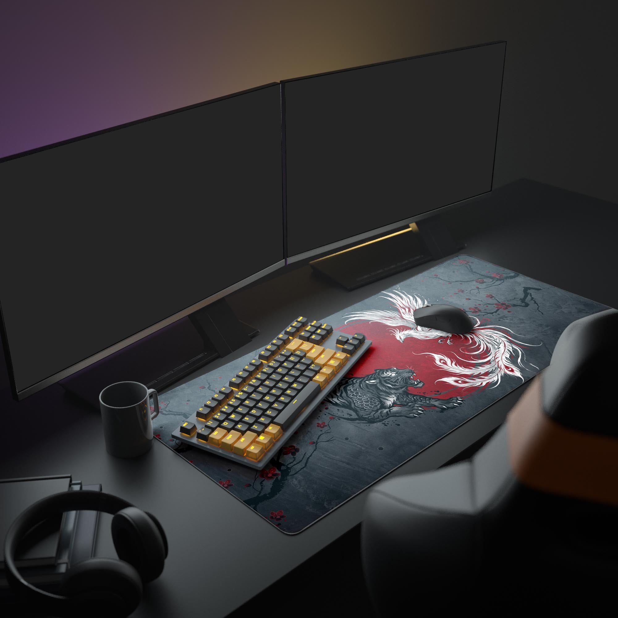 Close-up of the detailed ink-style black tiger and white phoenix artwork on the gaming mouse pad