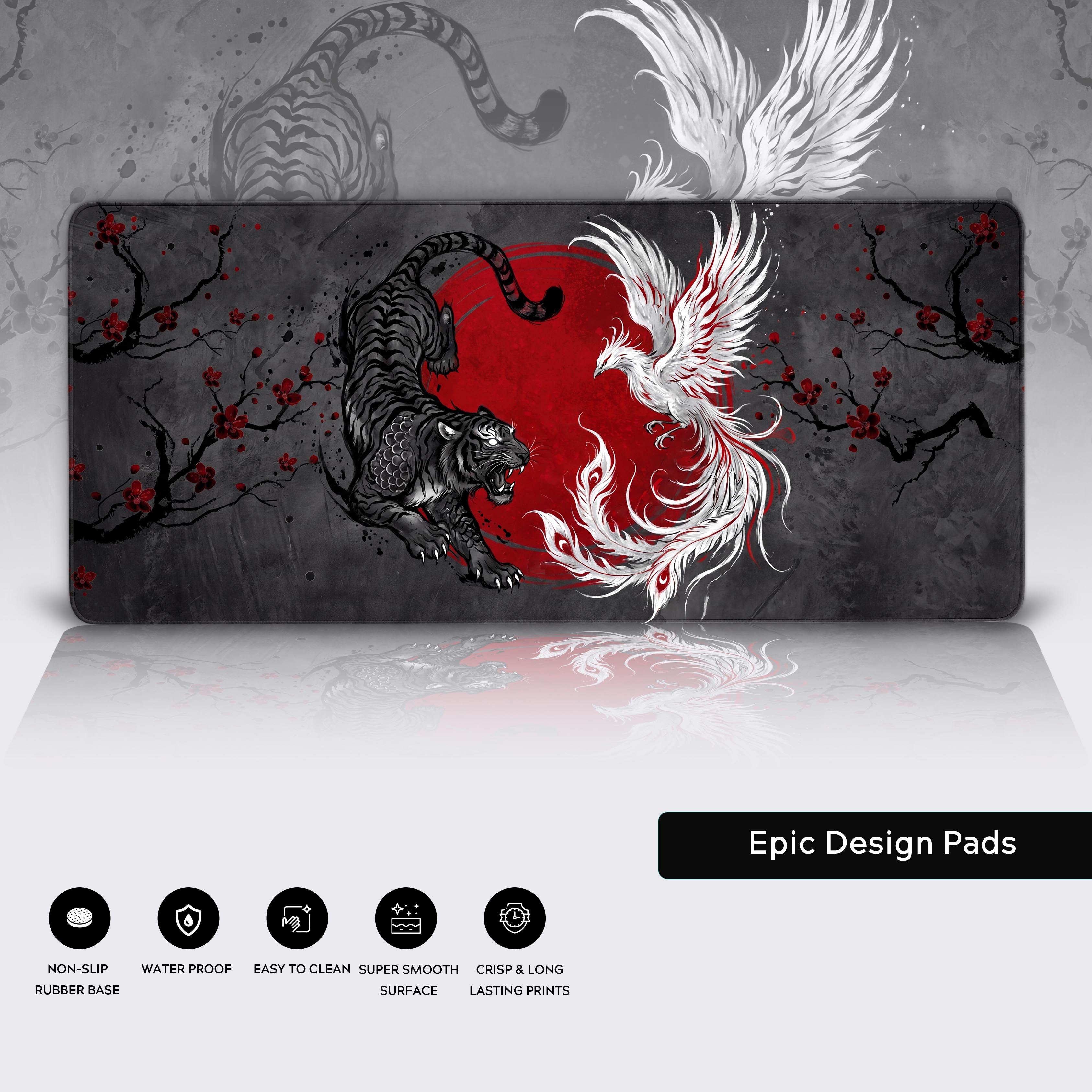 Product feature icons highlighting the non-slip rubber base, waterproof surface, and crisp print quality of the desk mat