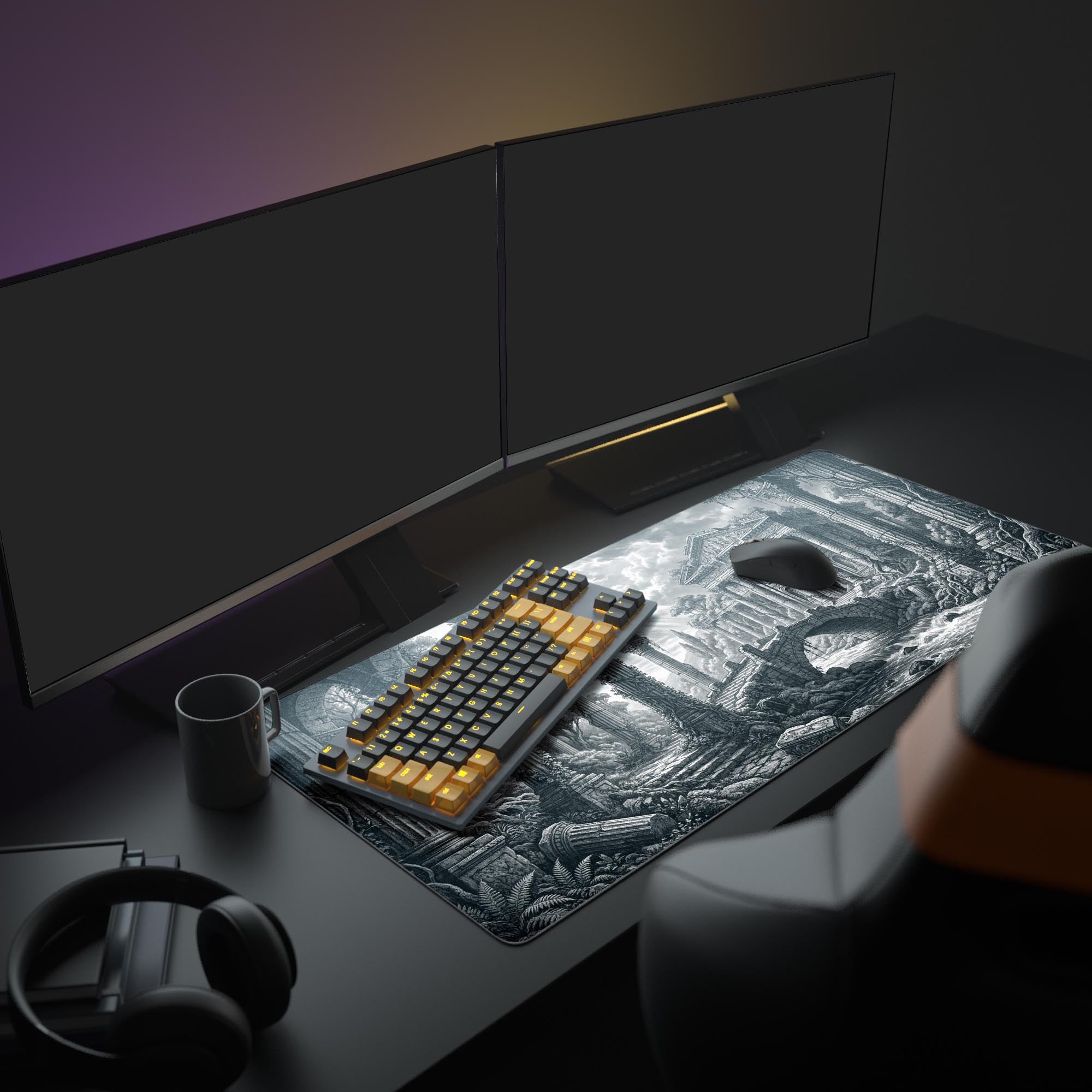 A focused desk setup featuring the large Timeless Ruins Mouse Pad, creating a Dark Academia aesthetic with a monitor and modern peripherals. - Epic Design Pads & Mousepads