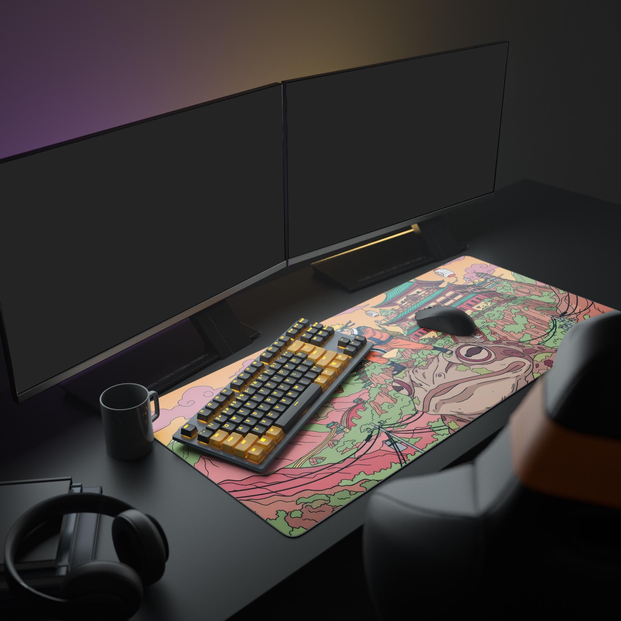Large Toad Guardian gaming desk mat in a full anime-themed setup with dual monitors, mechanical keyboard, and headphones. - Epic Design Pads