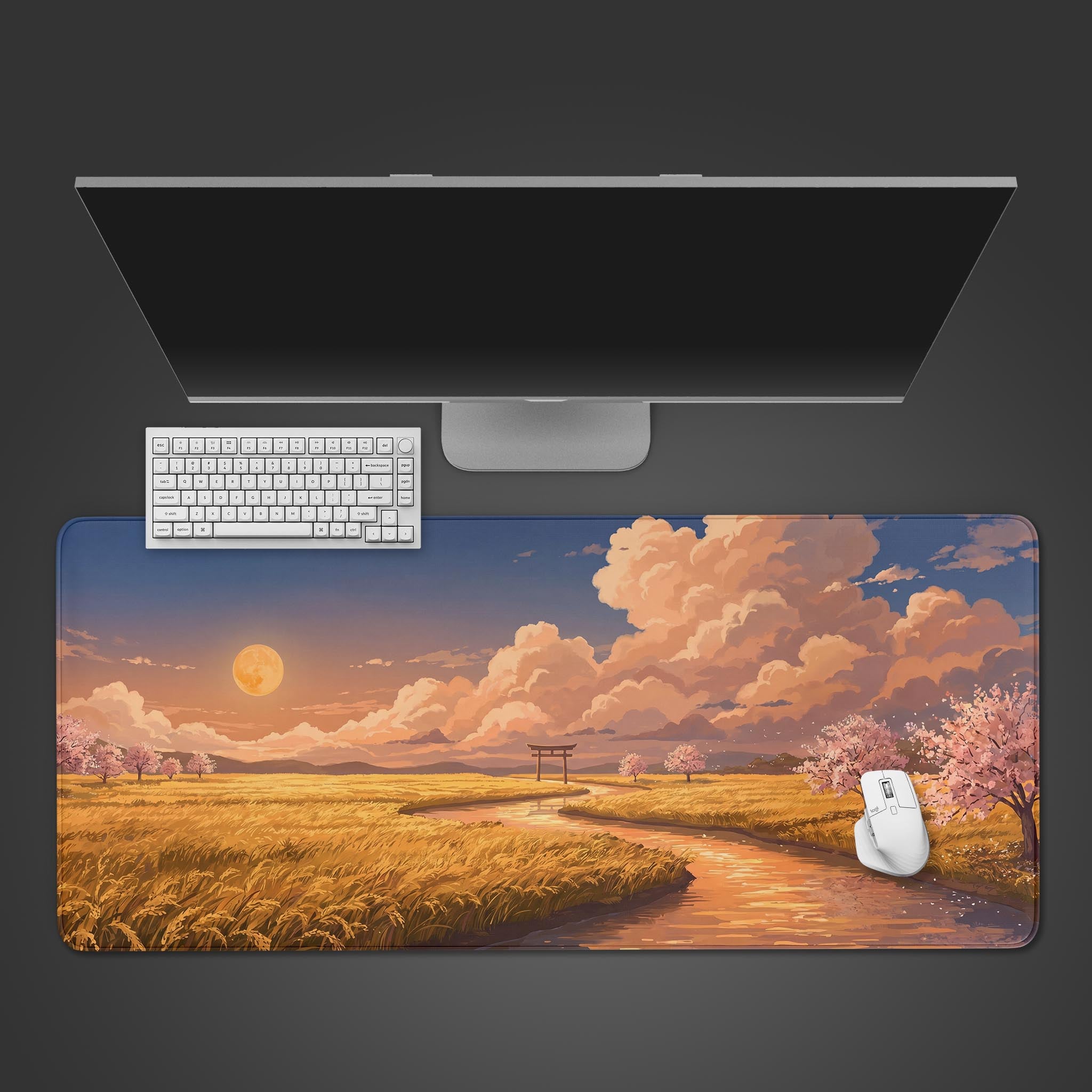 Golden Sakura River desk mat featuring a serene Japanese landscape with a torii gate at sunset