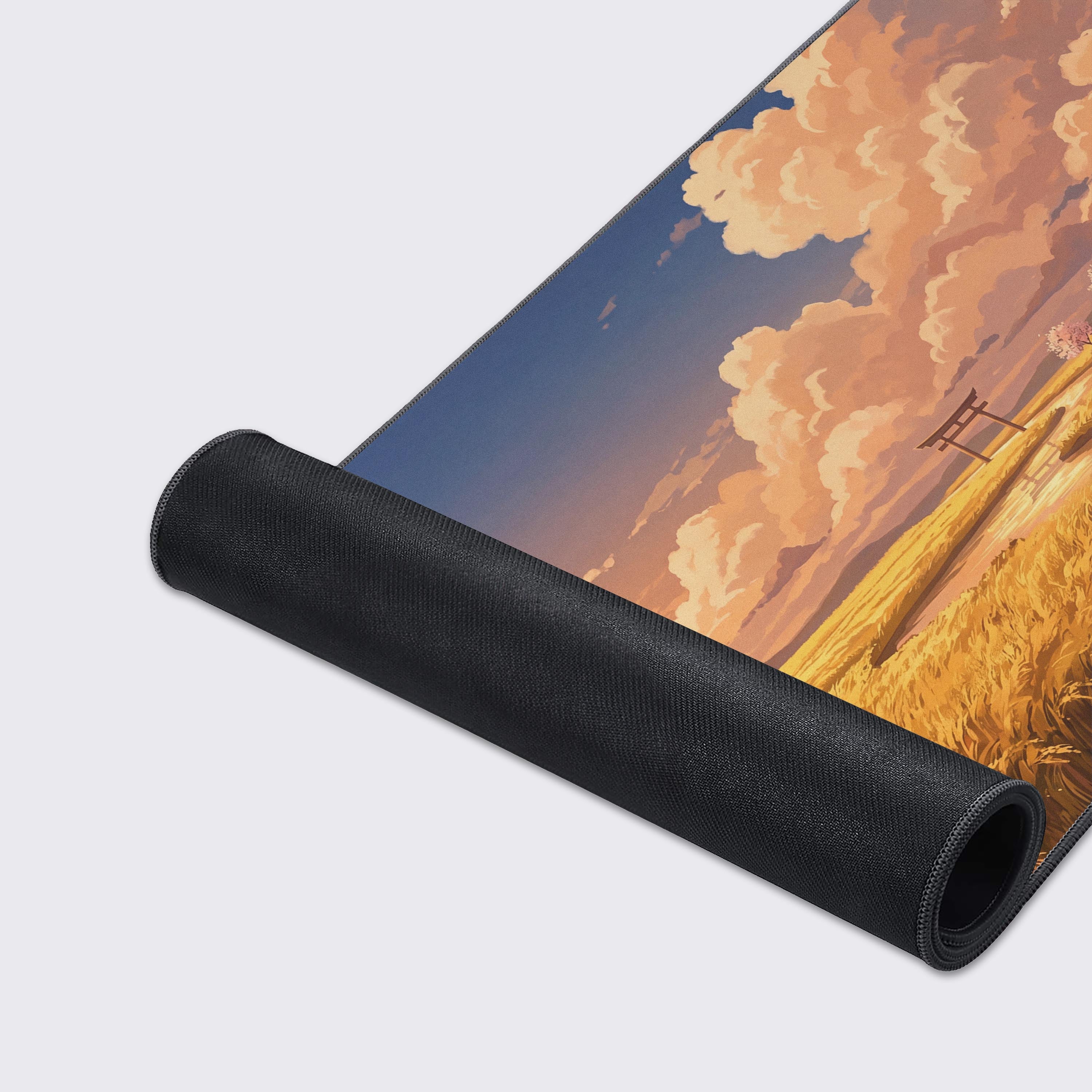XL gaming mouse pad with golden wheat fields, winding river, and a vibrant moon