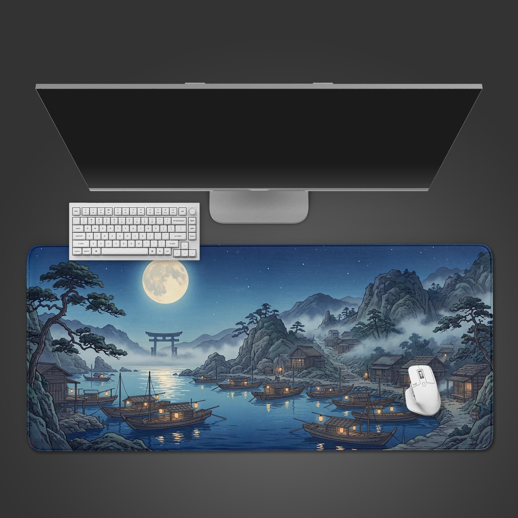 A serene Japanese moonlight village desk mat featuring lantern-lit boats and a Torii gate in the water.