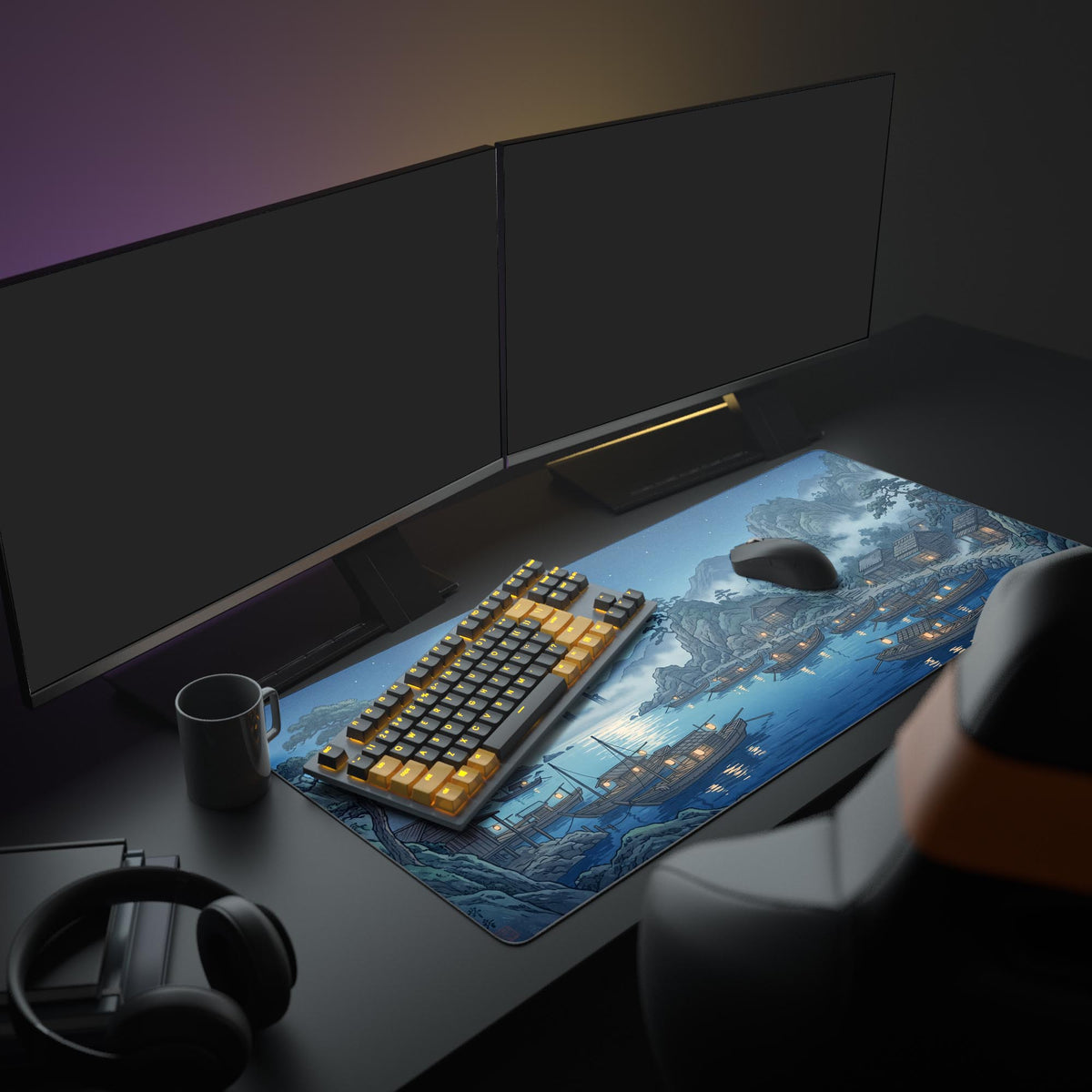 Close-up of the smooth, waterproof surface of the Moonlight Village gaming mouse pad showcasing vibrant blue night artwork.