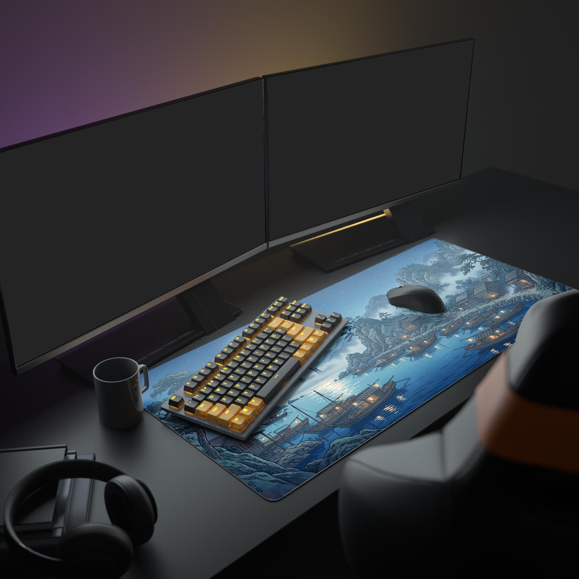 Close-up of the smooth, waterproof surface of the Moonlight Village gaming mouse pad showcasing vibrant blue night artwork.