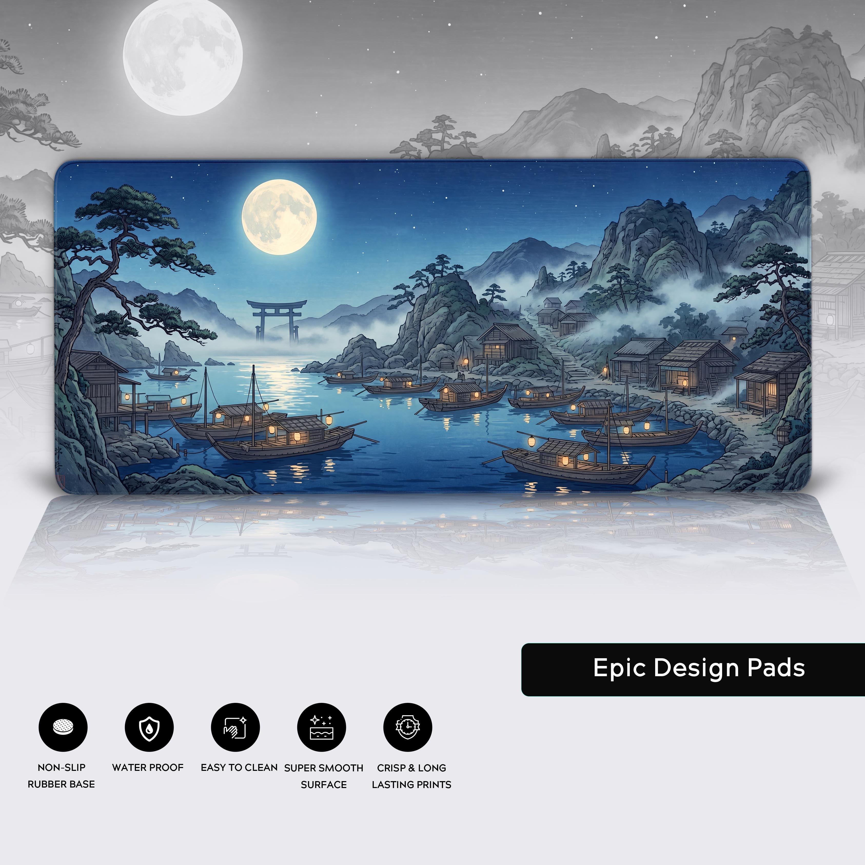 Product features of the Moonlight Village desk mat highlighting non-slip base, waterproof coating, and crisp print quality.