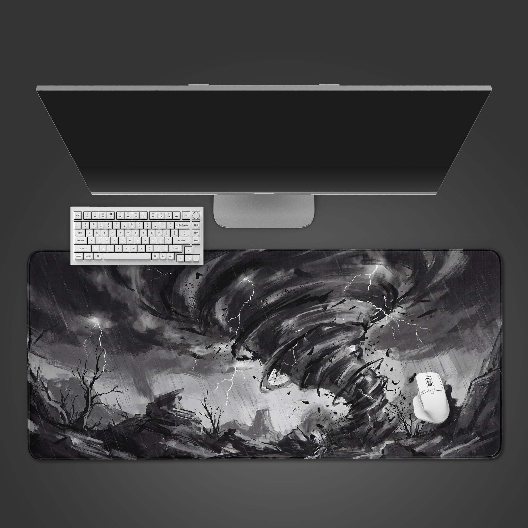 Monochrome Twister desk mat featuring a massive dark tornado and lightning over a barren landscape