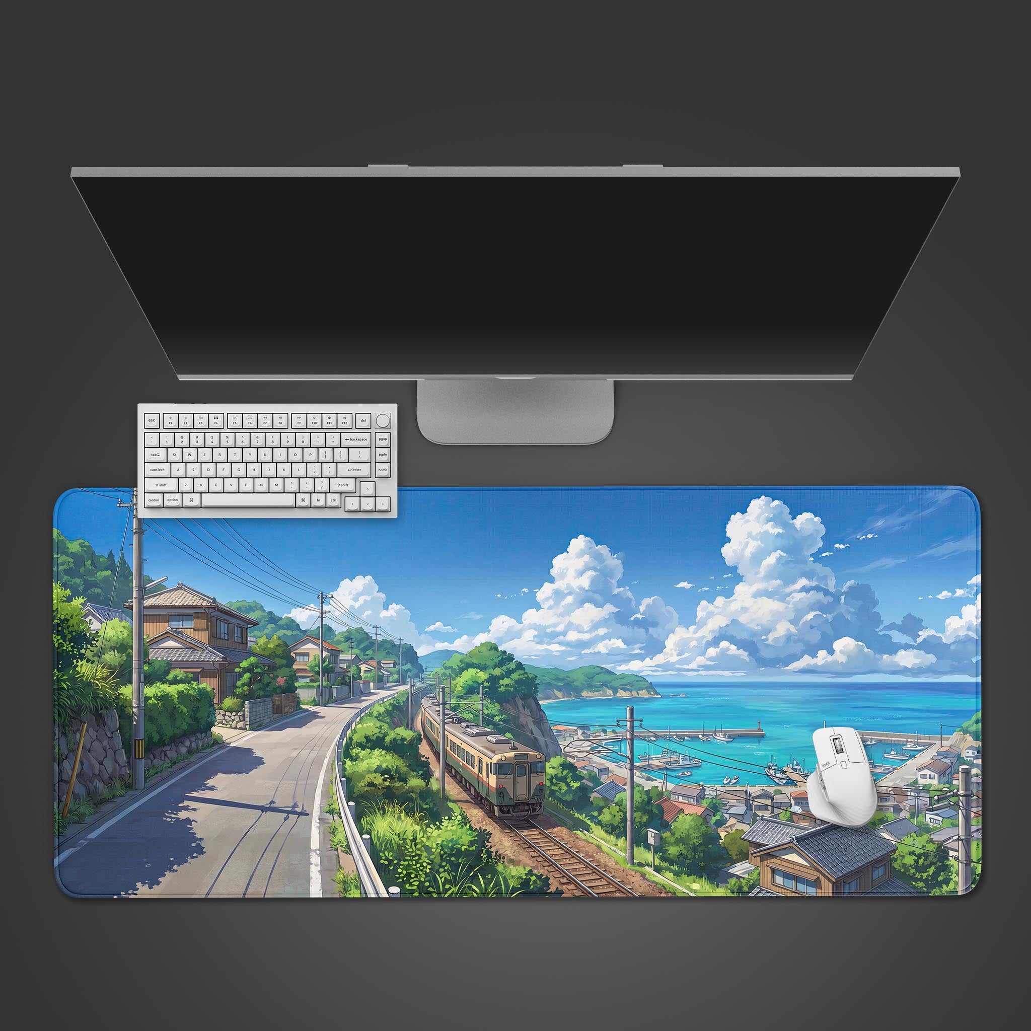 Vibrant anime style summer coastal town train journey gaming desk mat