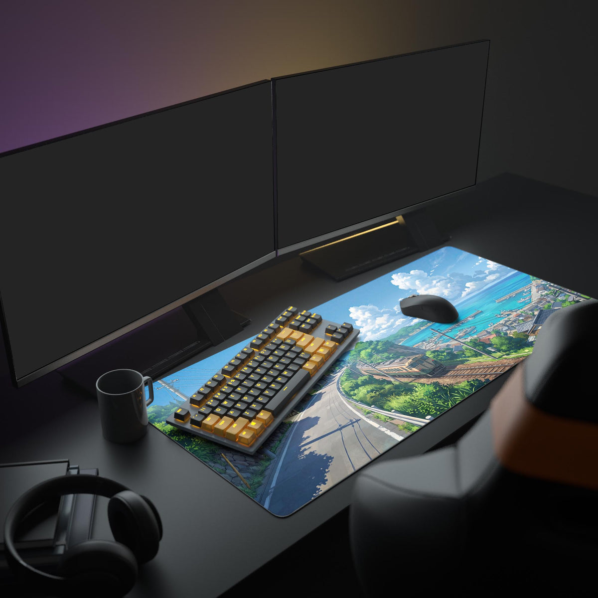 Close up of vivid blue sky, clouds, and seaside village art on desk mat