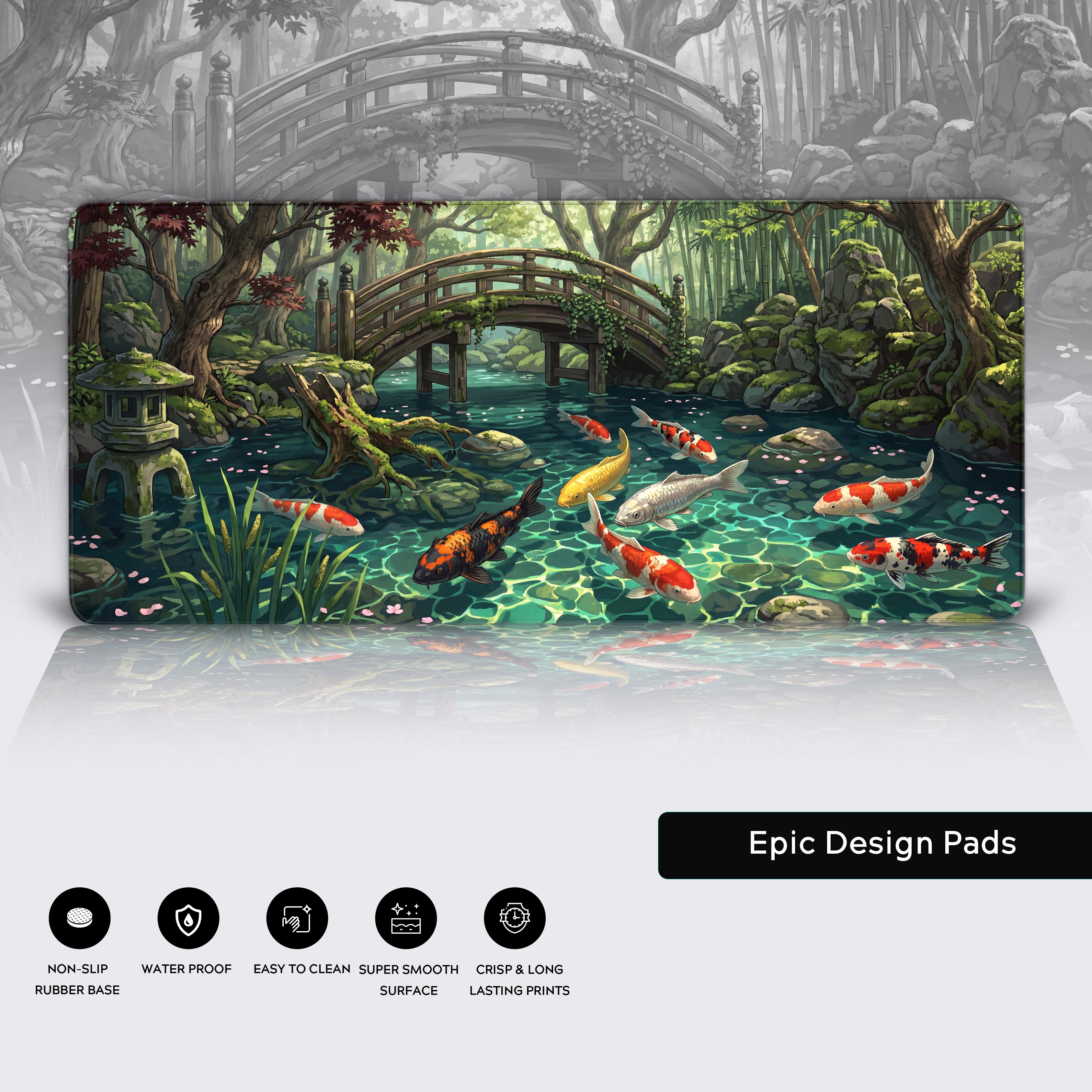 Full view of the Zen Koi Pond large mouse pad showing a stone lantern and bamboo forest background.