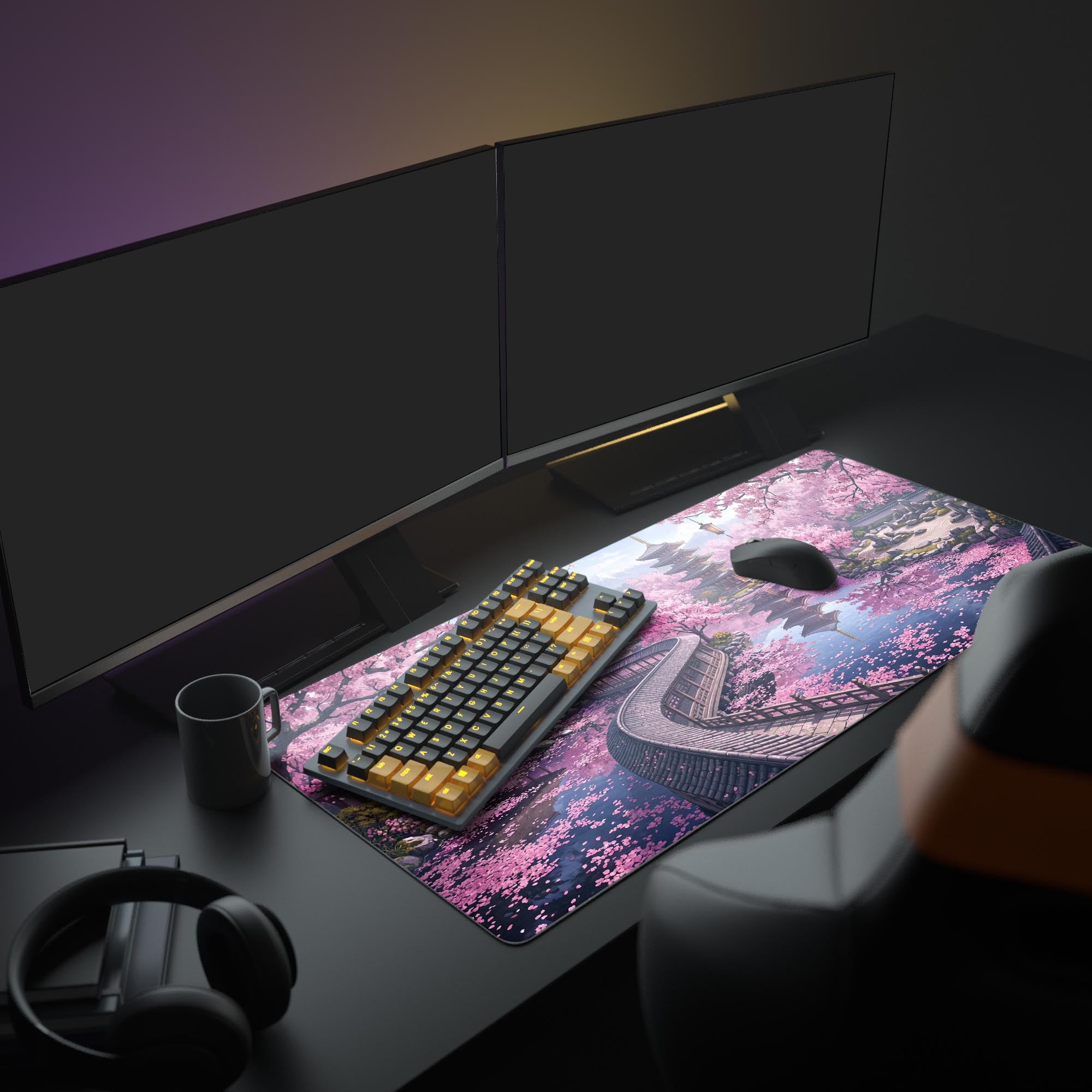 The Tranquil Spring XL mouse pad shown in a full PC gaming setup, with its serene Japanese pagoda and cherry blossom art creating a peaceful aesthetic for multiple monitors. - Epic Design Pads & Mousepads