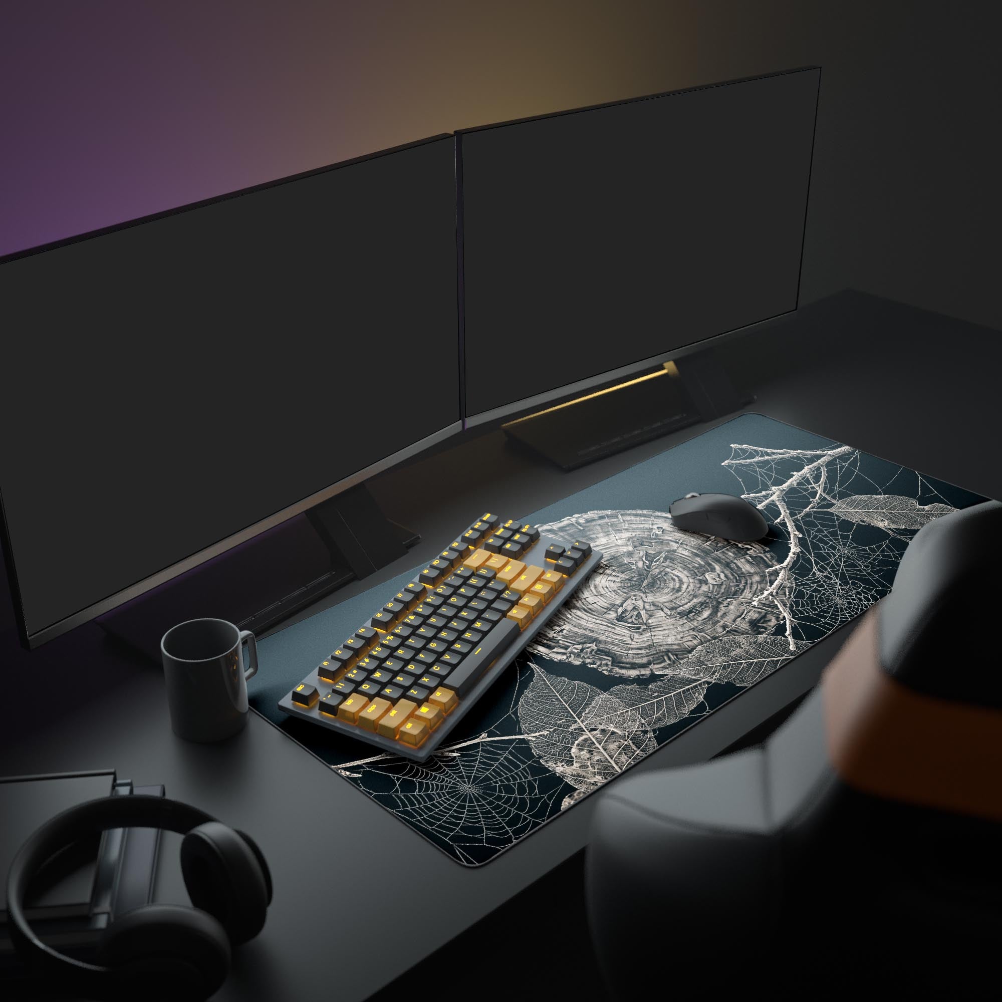 Close up of intricate spider webs and skeleton leaves on a dark nature gaming mouse pad
