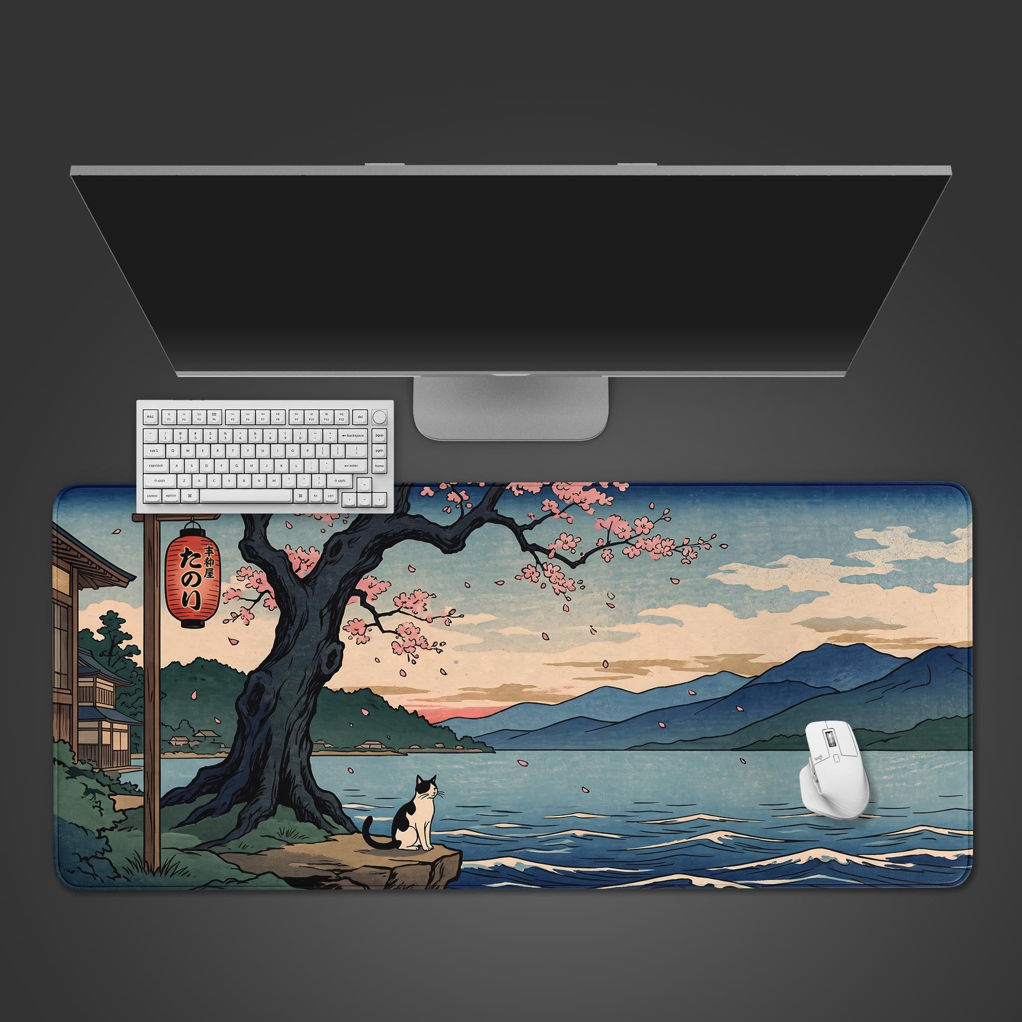 Ukiyo-e style desk mat featuring a cat sitting by a lake under a cherry blossom tree.