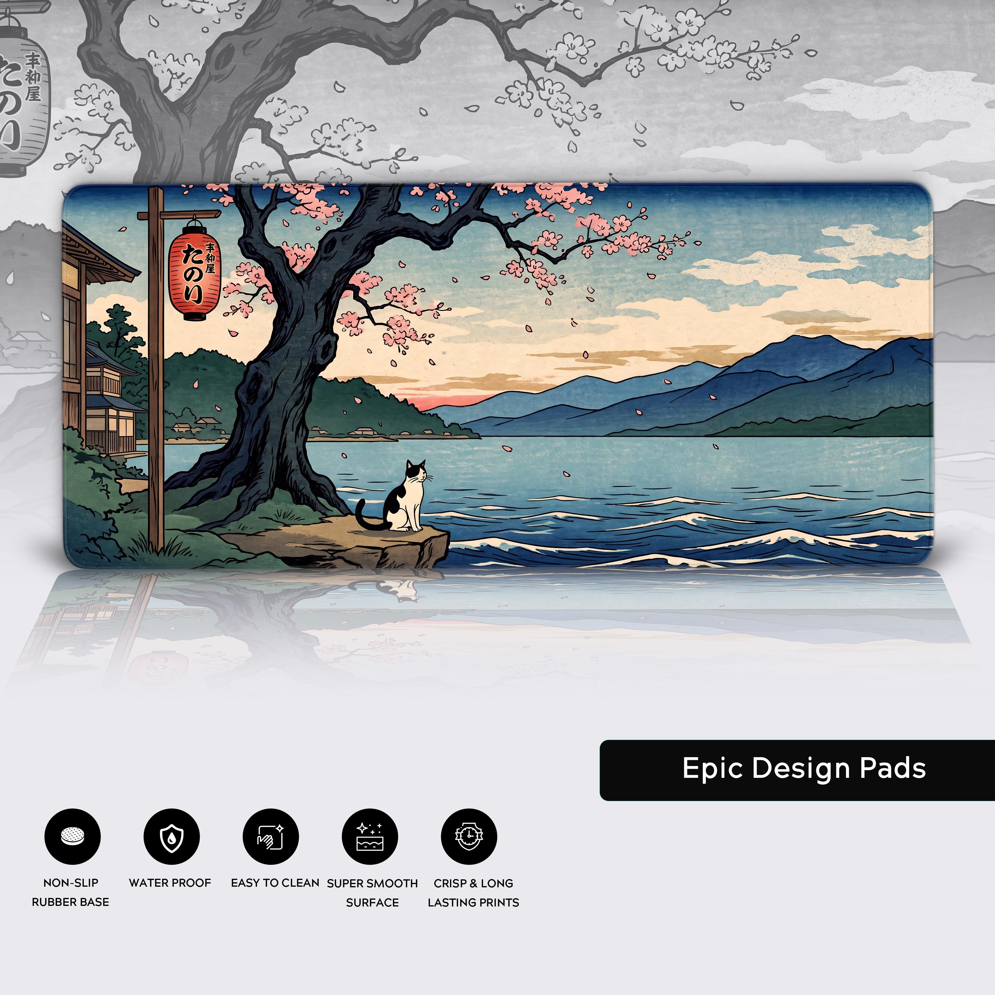 Feature icons highlighting non-slip rubber base, waterproof surface, and easy to clean material for the gaming mat.