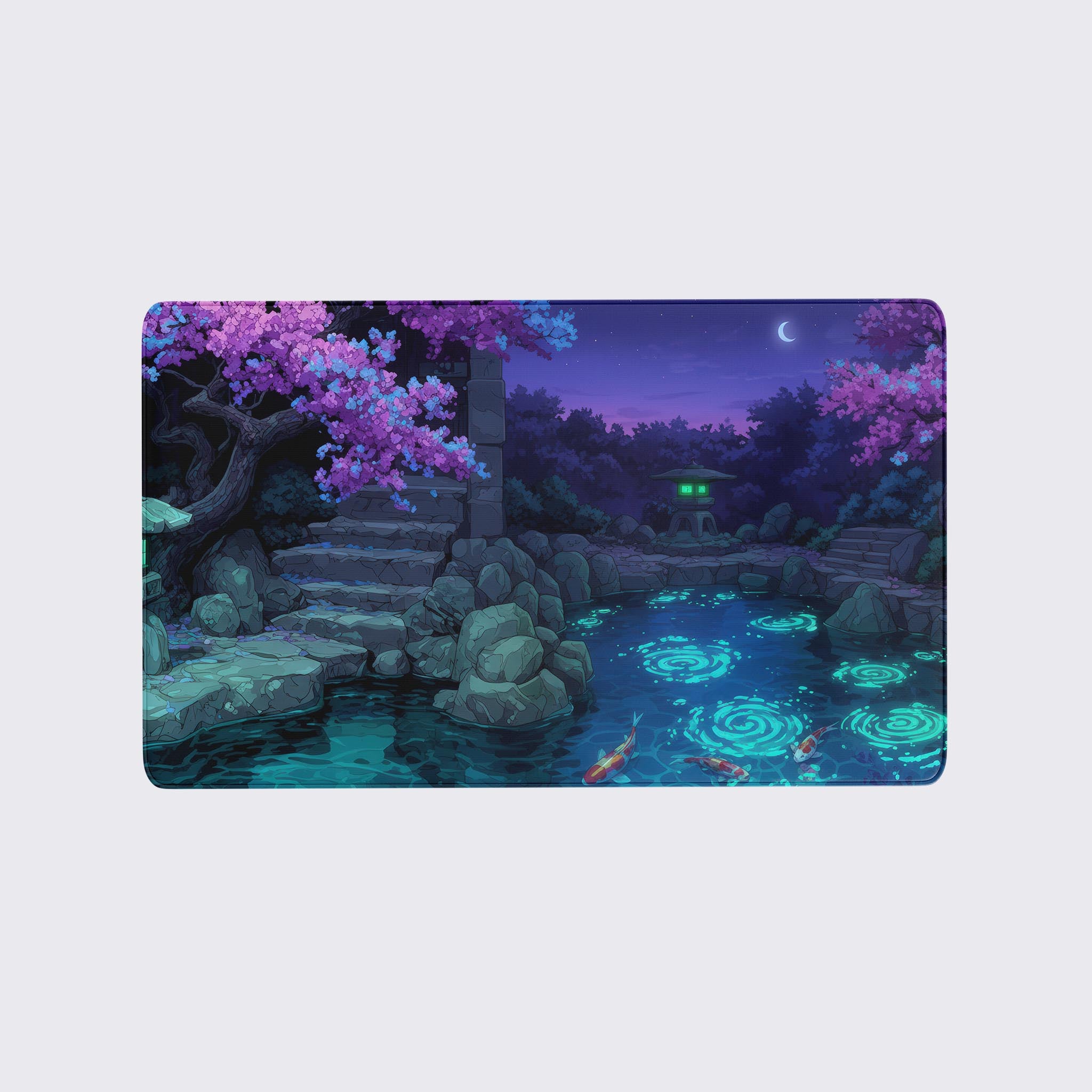 Twilight Sakura playmat featuring a mystical Japanese garden with glowing koi pond, cherry blossoms, and crescent moon under a purple night sky - Epic Design Pads & Mousepads