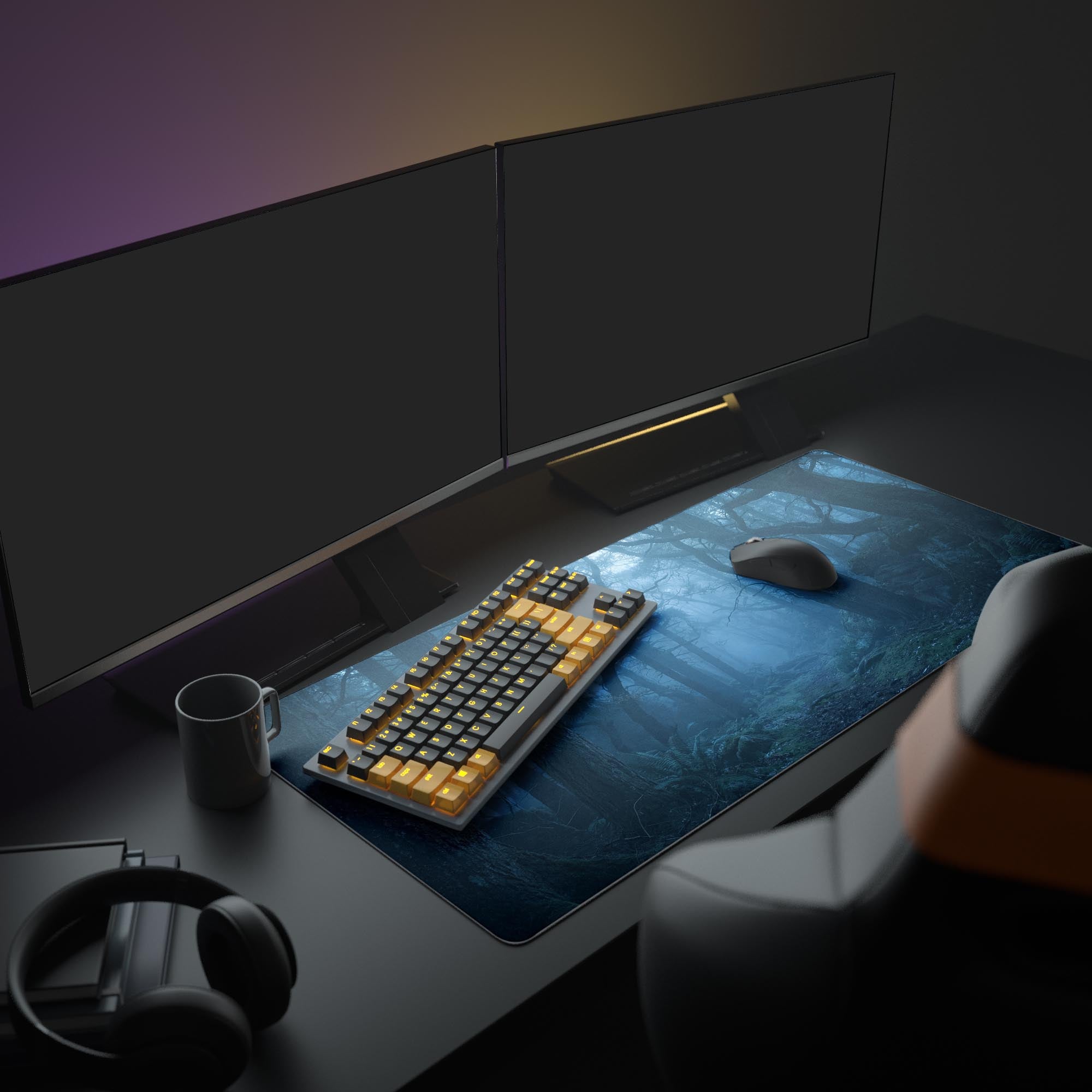Large Twilight Woods desk mat in a cozy desk setup with dual monitors, a mechanical keyboard, and headphones, creating a moody workspace. - Epic Design Pads & Mousepads