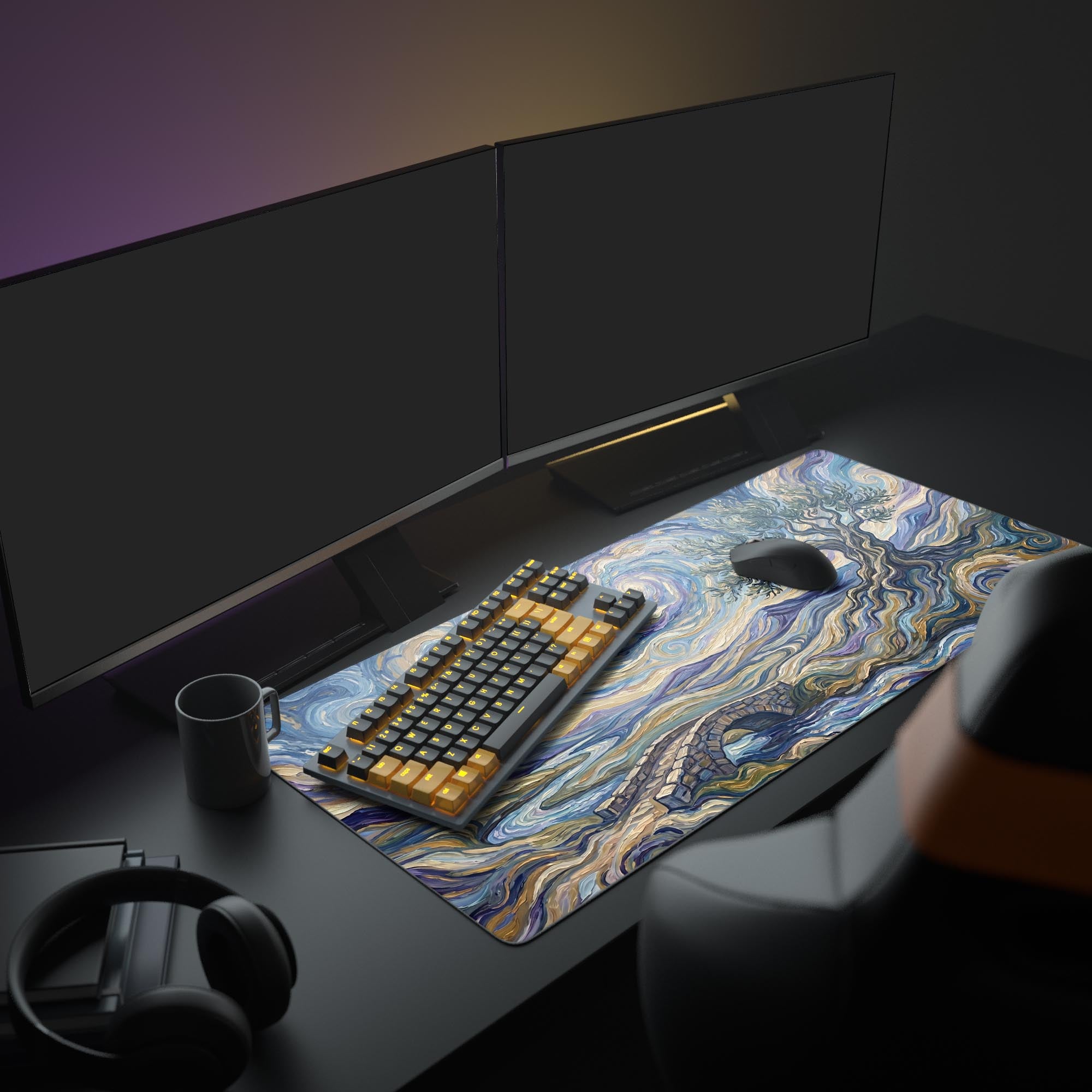 Detailed shot of the super smooth surface on the Impressionist Grove desk pad, showcasing the intricate brushstroke art style.