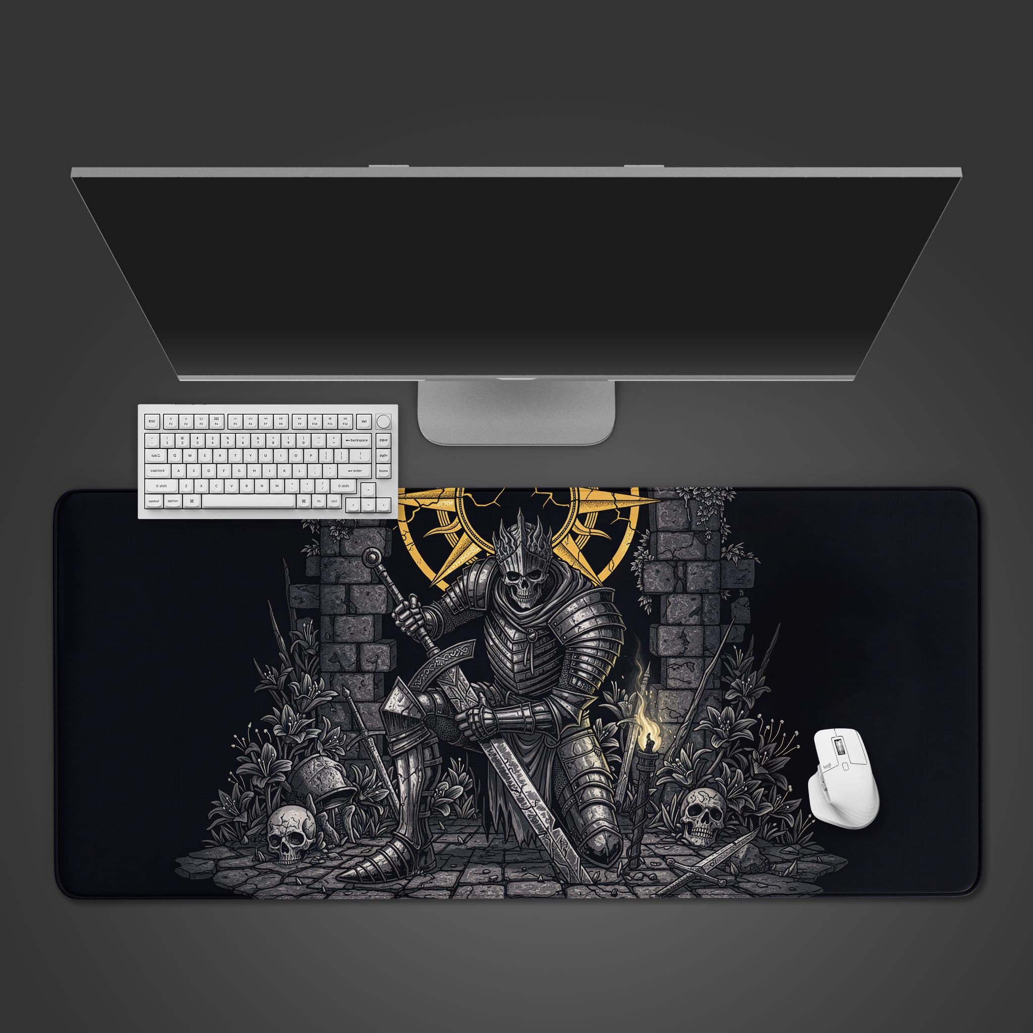 Undead Monarch gaming desk mat with skeletal knight design, shown from a top-down view with a mechanical keyboard and gaming mouse. - Epic Design Pads