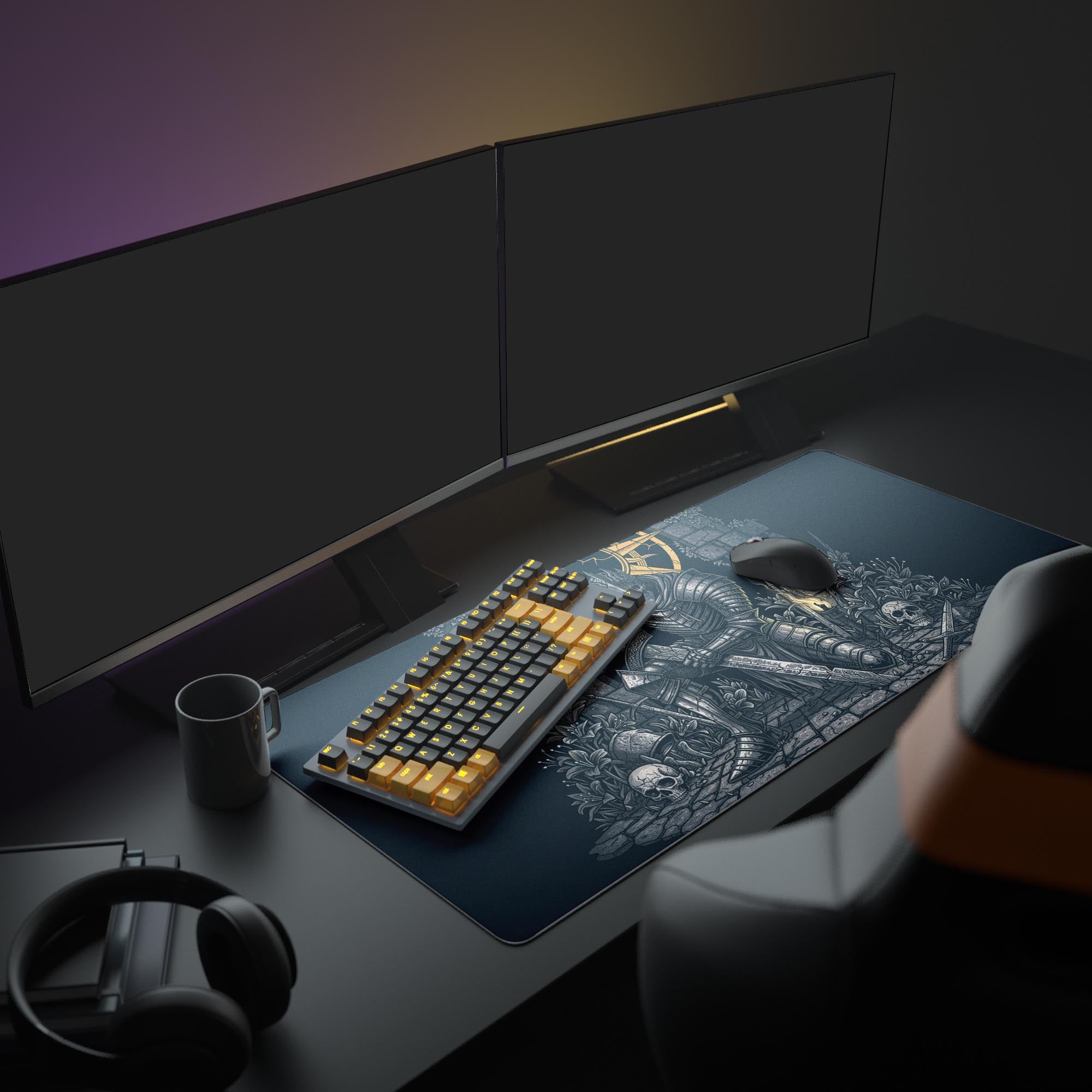 Large Undead Monarch gaming desk mat with dark fantasy art, featured in a complete gaming setup with dual monitors, keyboard, and headphones. - Epic Design Pads
