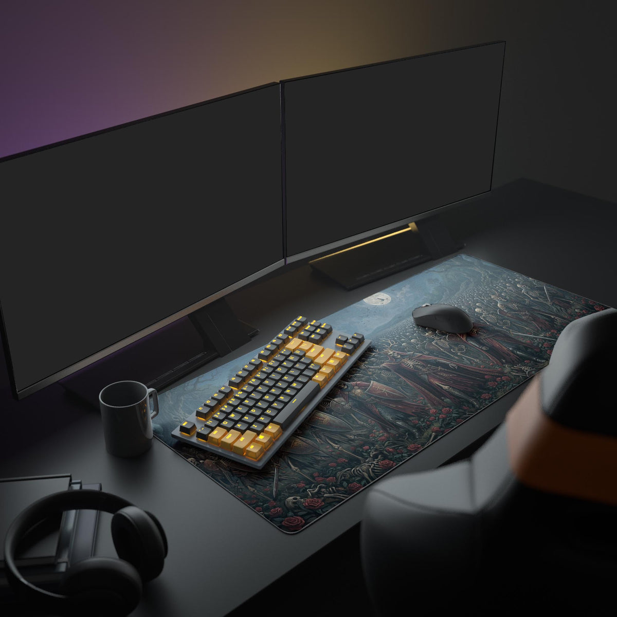 A complete gaming setup featuring the Undead Rose Army mouse pad. The epic skeleton army design complements multiple monitors and an illuminated keyboard. - Epic Design Pads & Mousepads