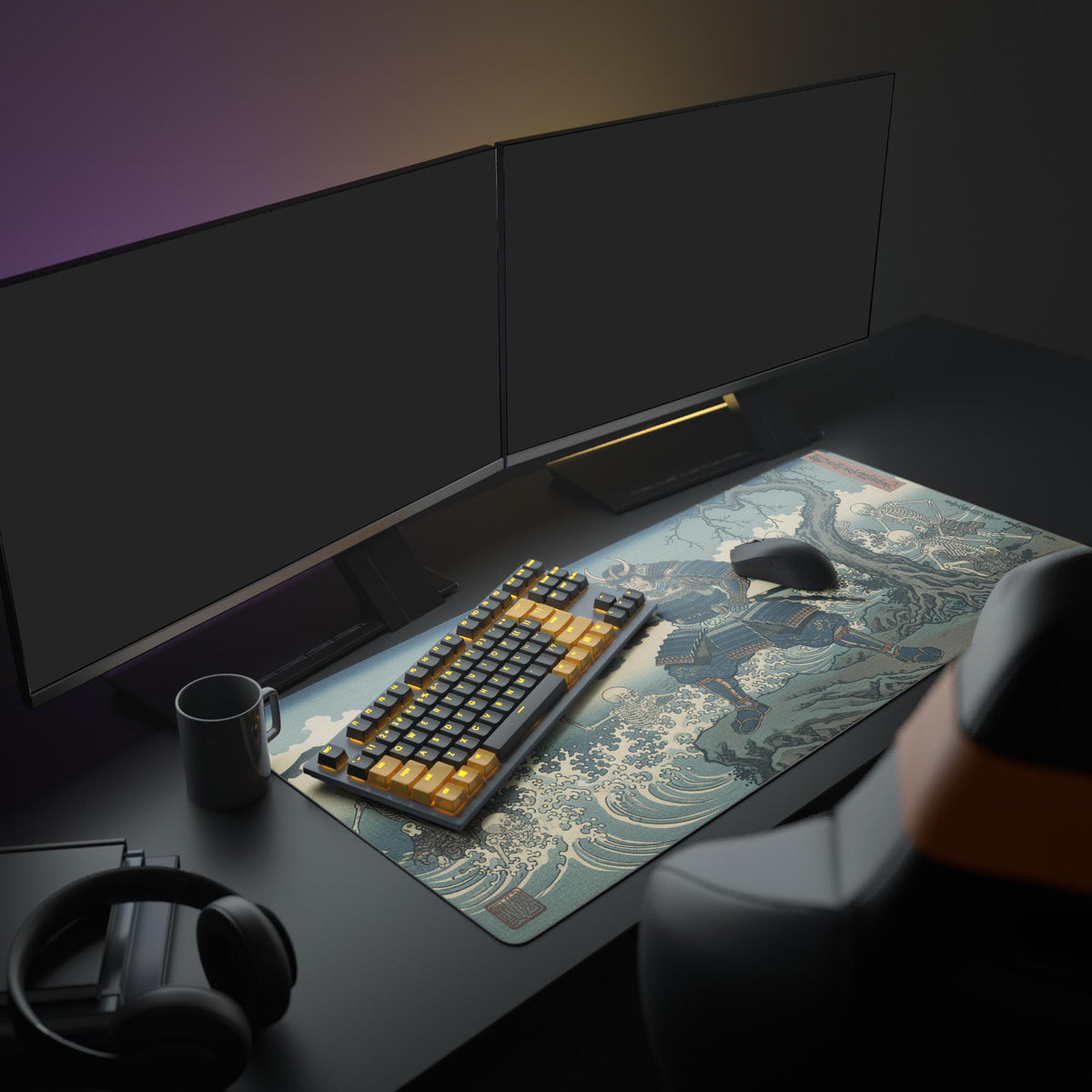 Large Undead Siege samurai gaming desk mat displayed in a full gaming setup with dual monitors, a mechanical keyboard, and headphones. - Epic Design Pads