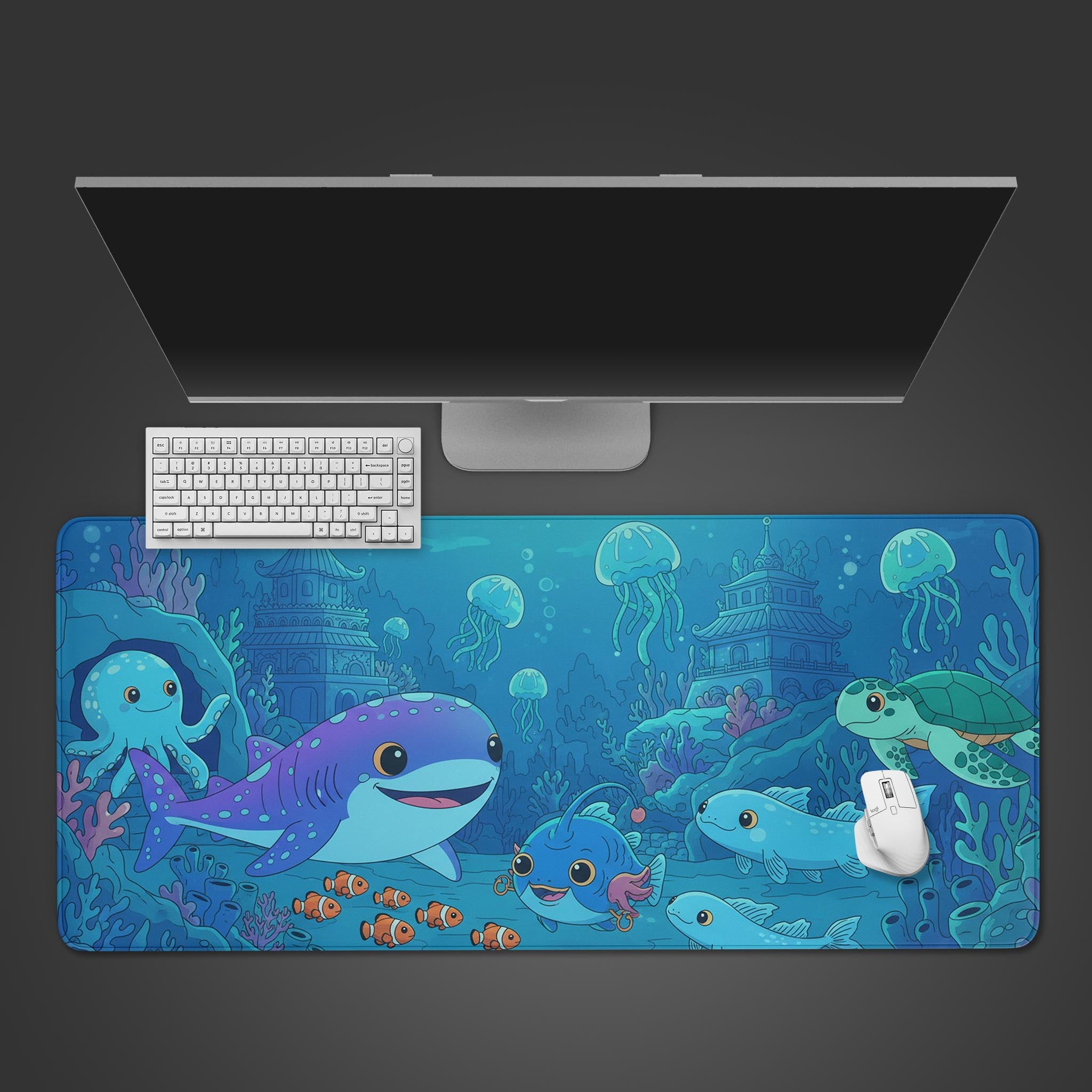 Underwater desk mat with vibrant sea creatures and coral reef – desktop view with keyboard and mouse. - Epic Design Pads