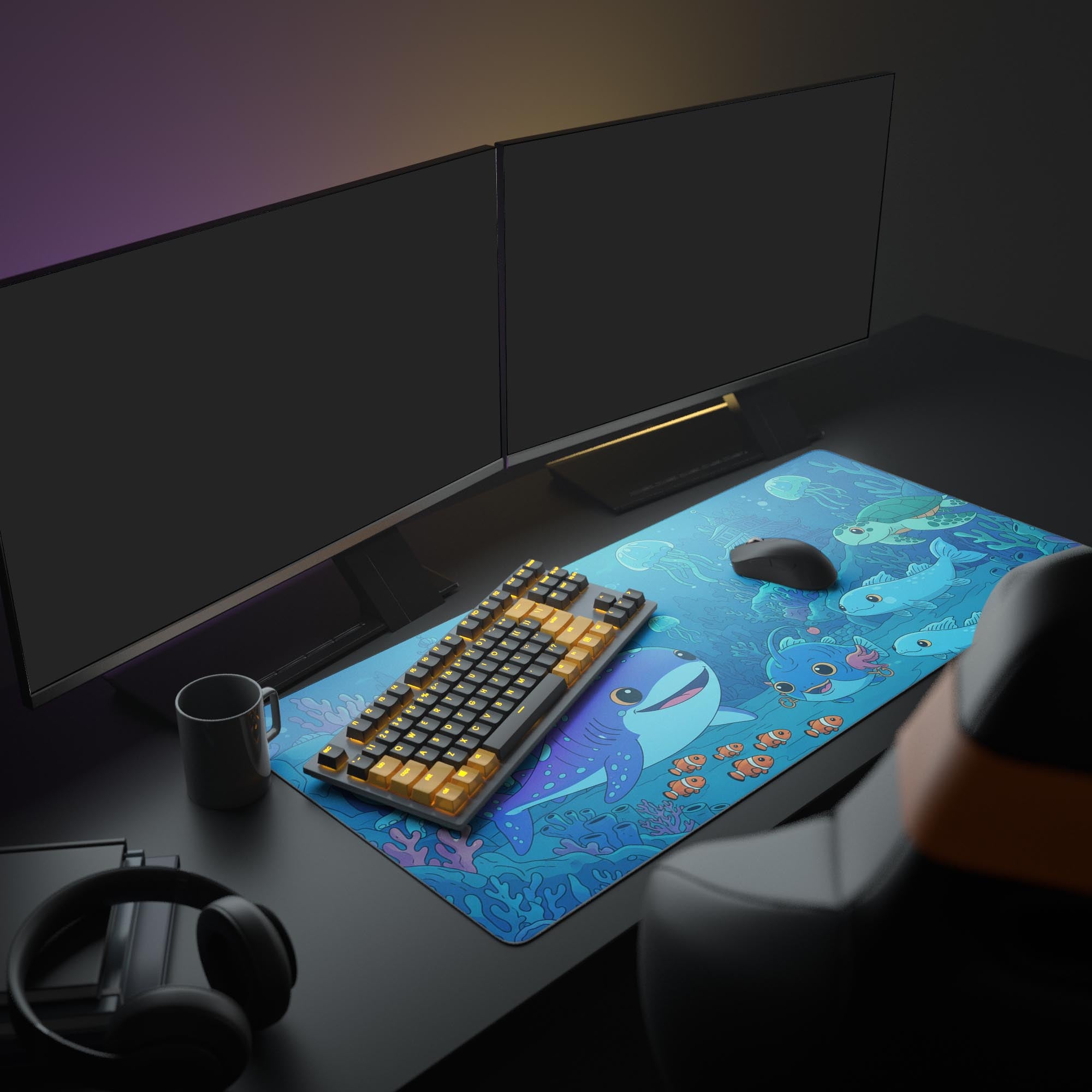 Colorful underwater desk mat with playful sea life and ocean scene – shown in an office setup with dual monitors. - Epic Design Pads