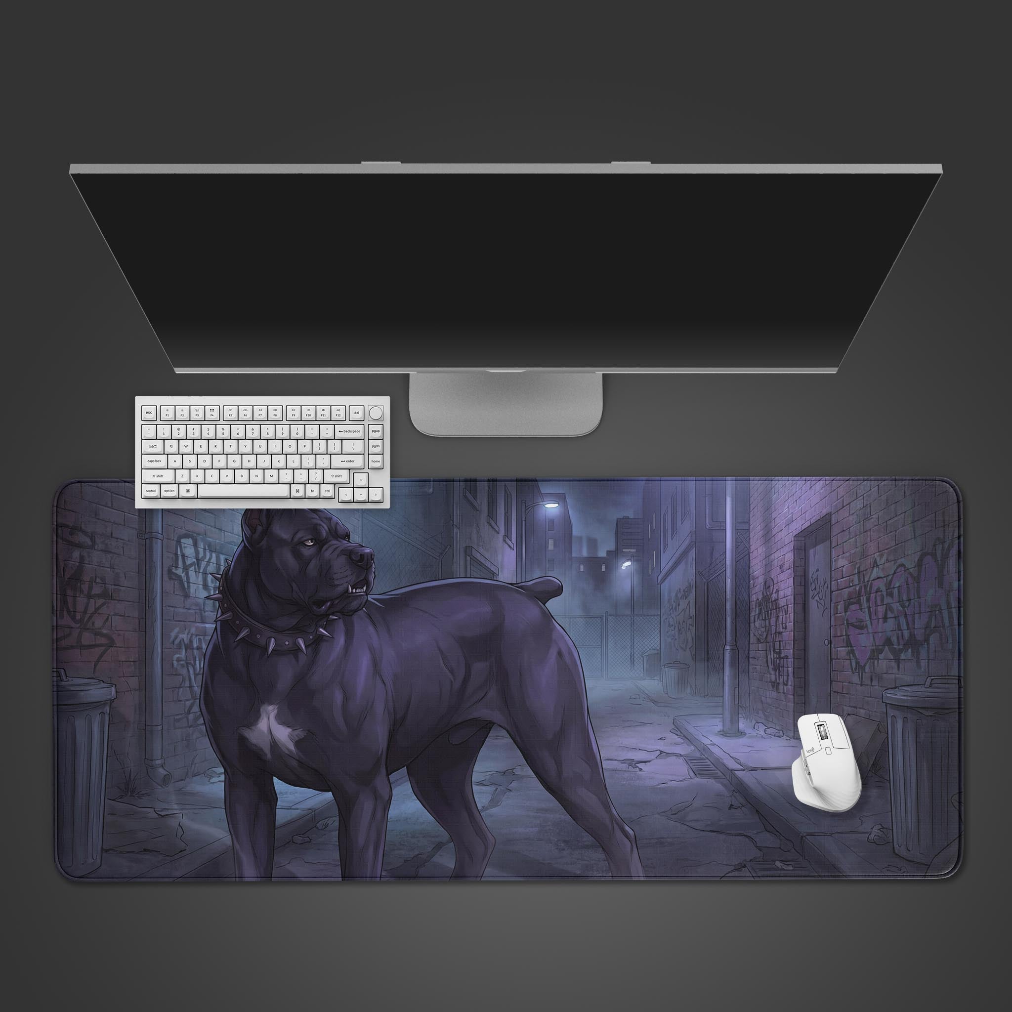 Urban Guardian desk mat with a sentinel design in a dark alley. Top-down view on a desk with a sleek black keyboard and mouse. - Epic Design Pads & Mousepads
