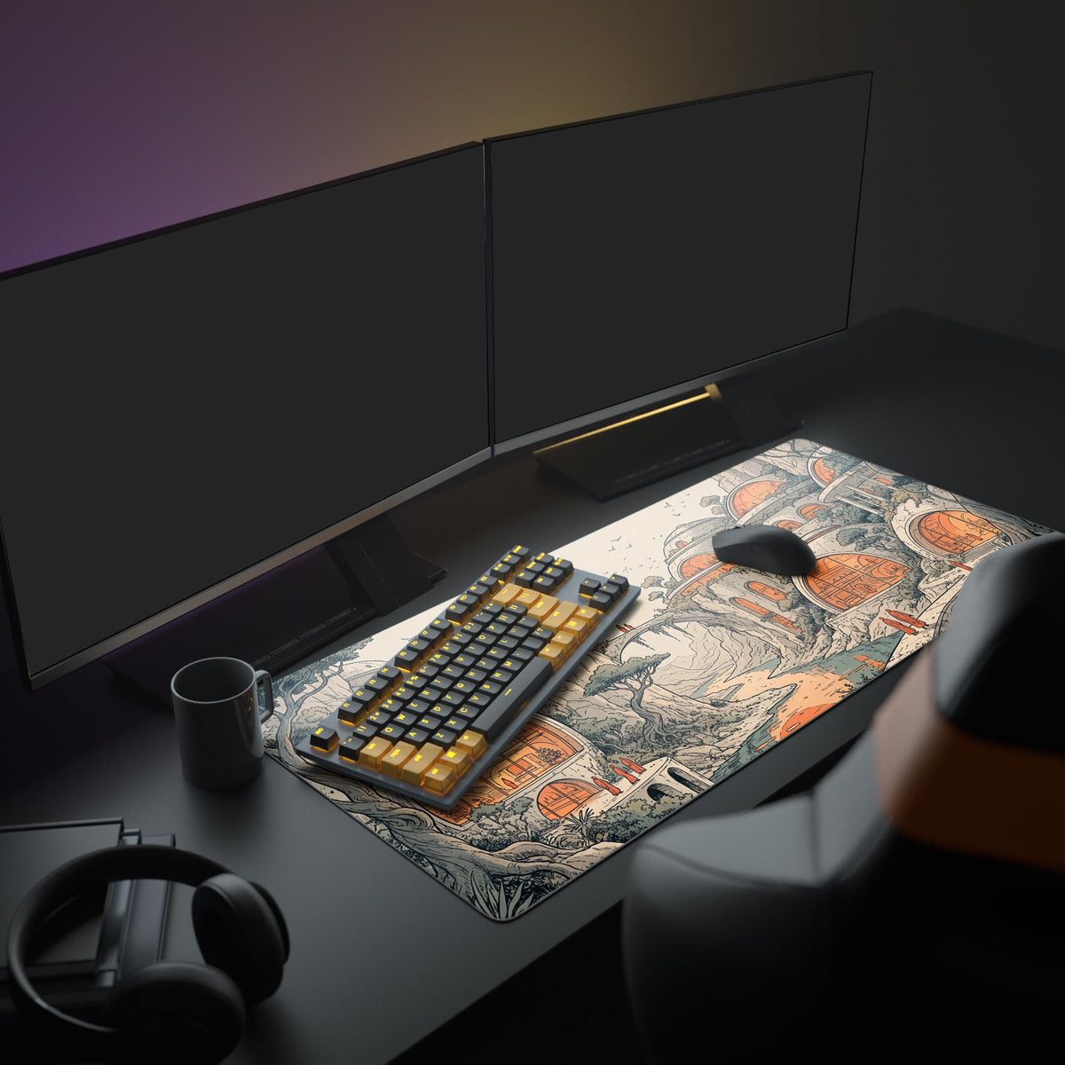 The Utopian Canyon XL mouse pad as the centerpiece of a modern desk setup, with a large monitor displaying a blank screen, enhancing the sci-fi aesthetic. - Epic Design Pads & Mousepads