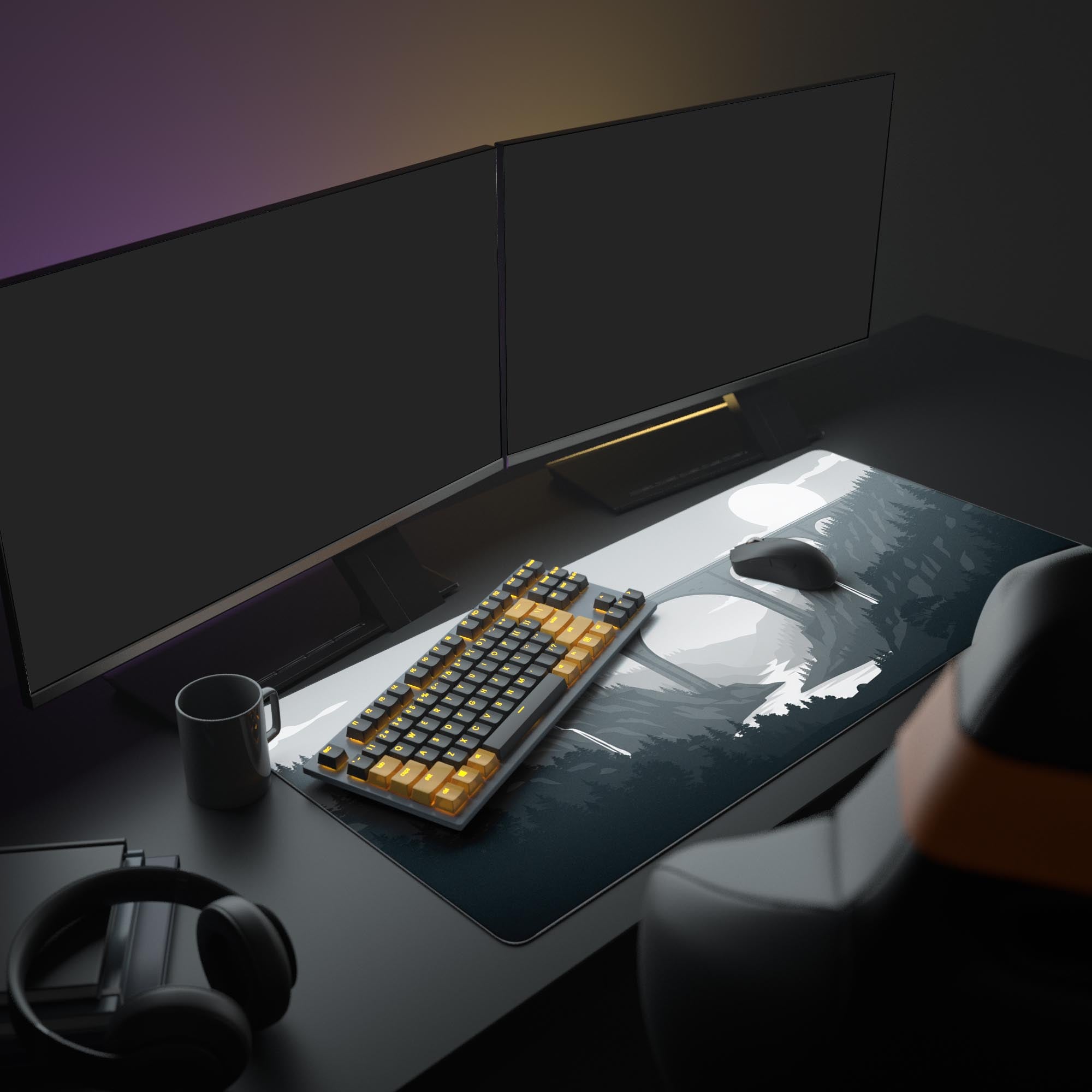 Large monochrome viaduct desk mat in an aesthetic gaming setup with dual monitors, a mechanical keyboard, and headphones. - Epic Design Pads