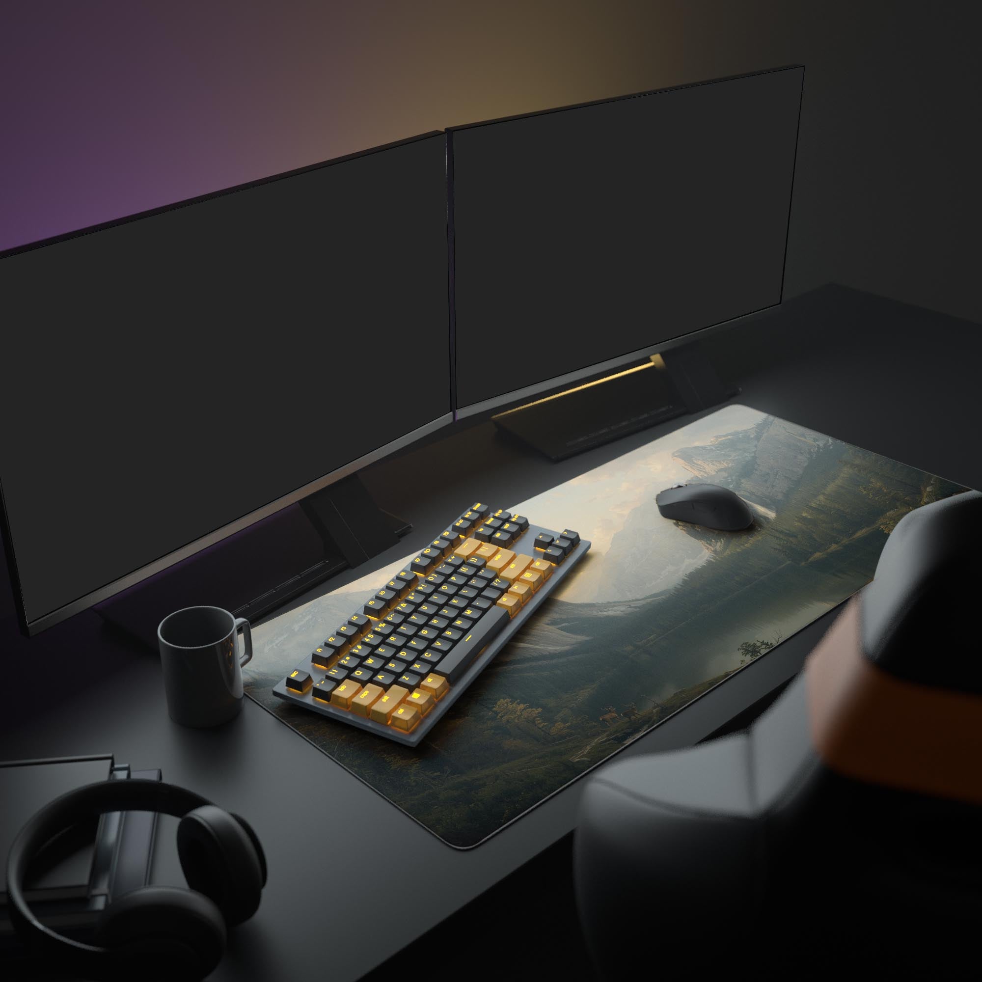 Large Valley of Light landscape desk mat featured in an aesthetic office setup with dual monitors, a mechanical keyboard, and studio headphones. - Epic Design Pads