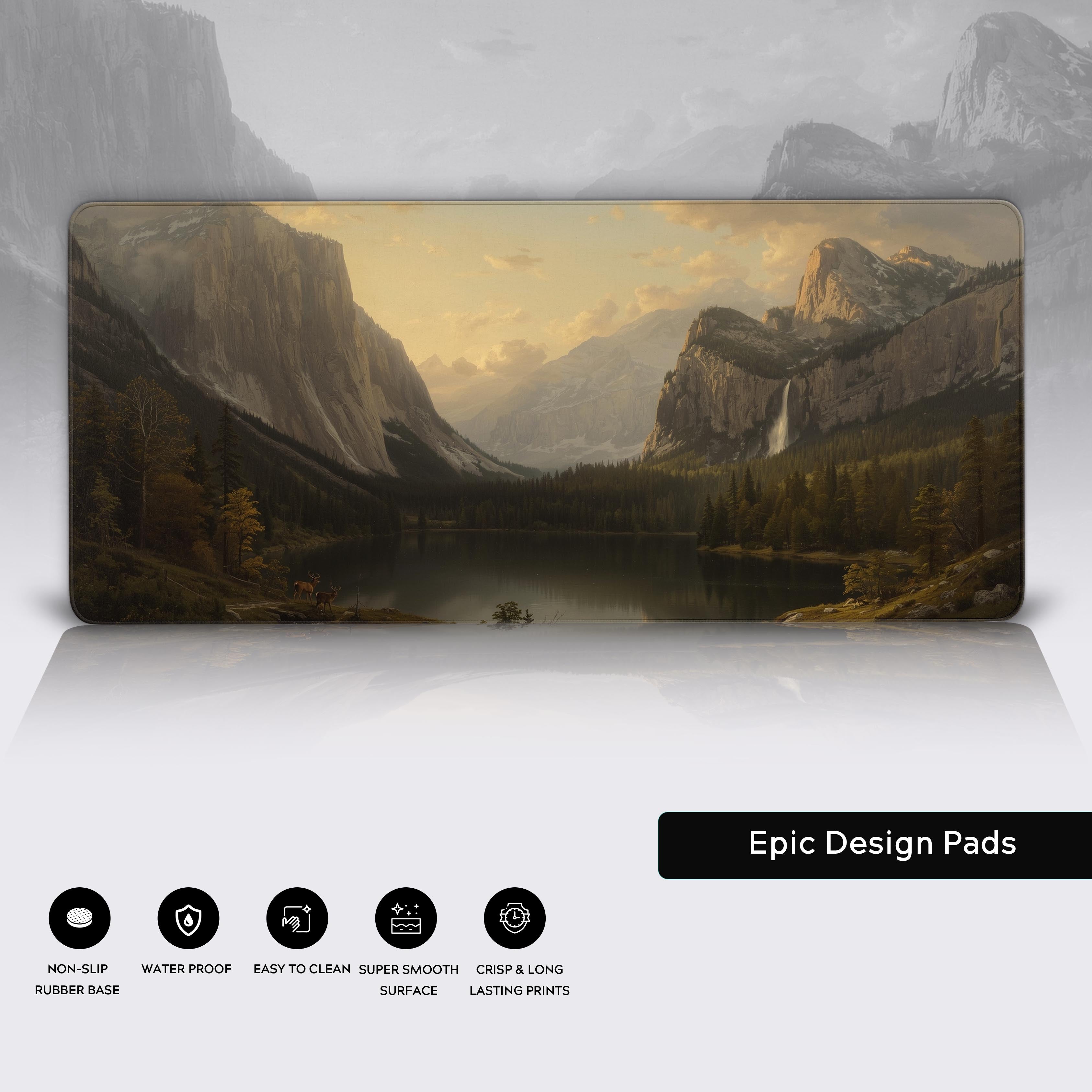 Close-up of the Valley of Light desk mat highlighting its premium features, including the detailed artwork, anti-fray stitched edges, and non-slip rubber base. - Epic Design Pads