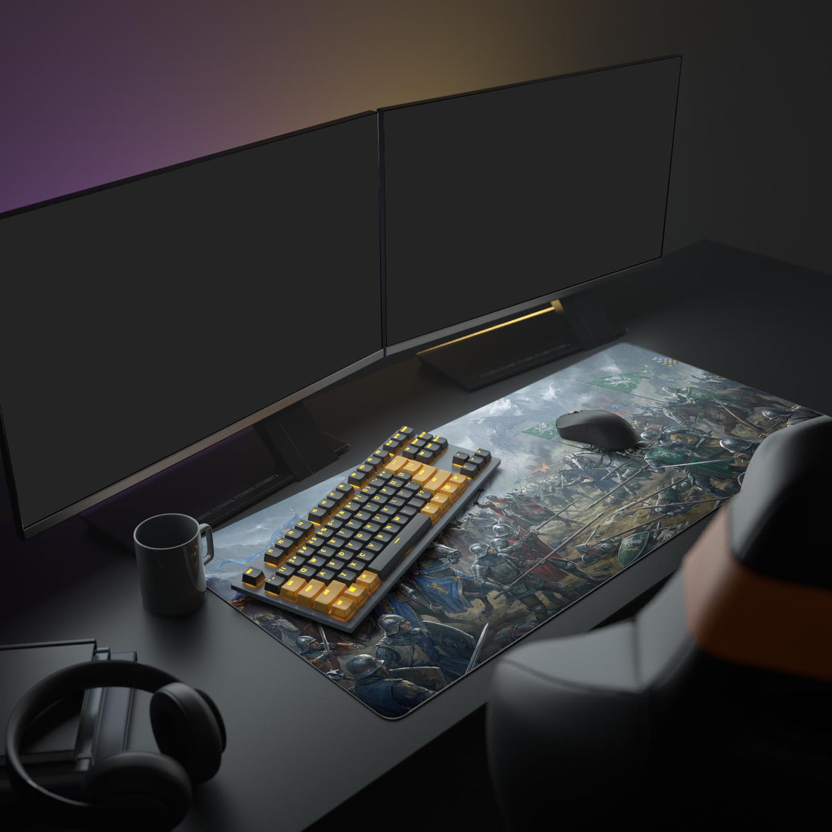 A full gaming setup showcasing the Vanguard Clash XL Mouse Pad, which depicts knights in battle, creating an epic fantasy theme for the workspace. - Epic Design Pads & Mousepads