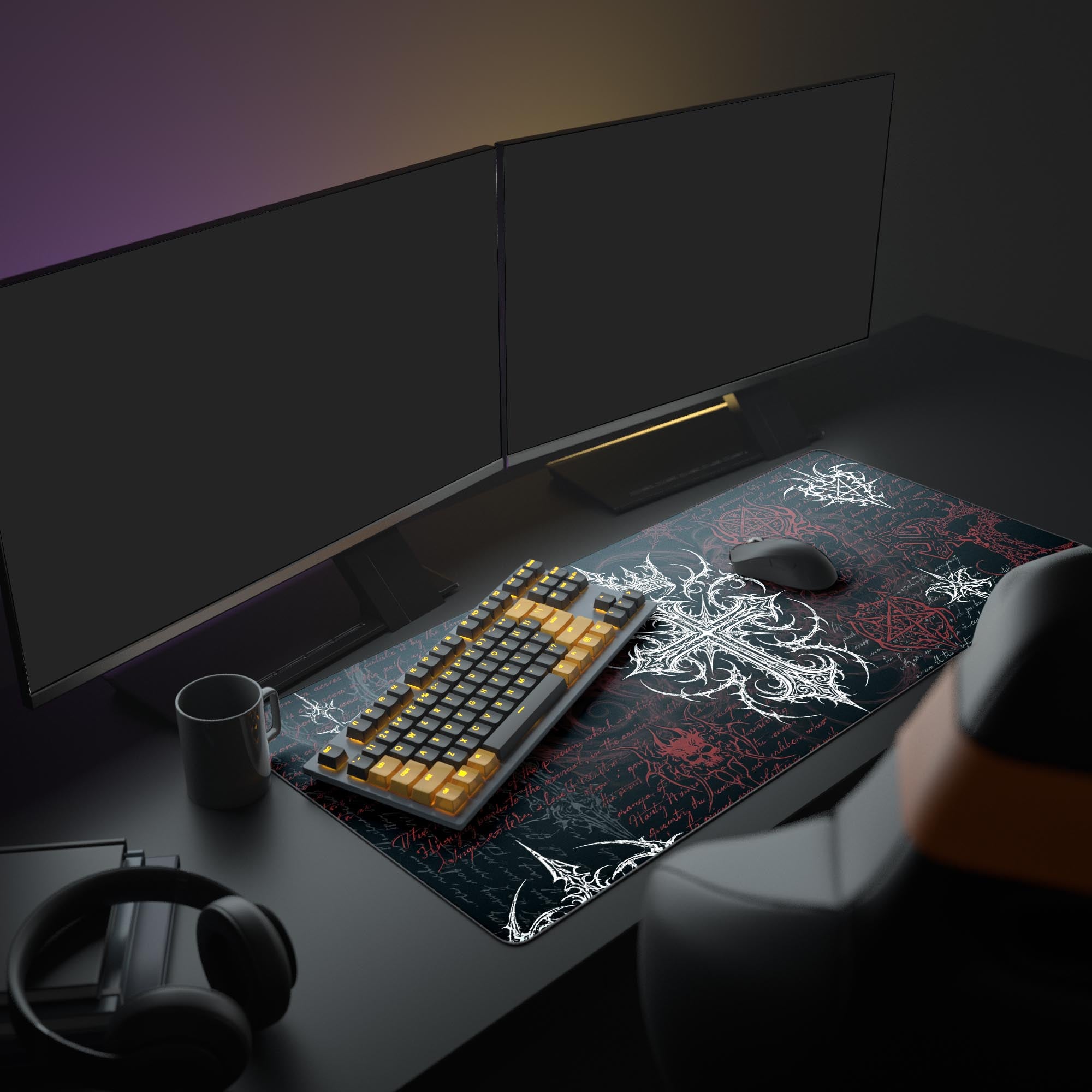 A complete gaming setup featuring the Vanquished Cross mouse pad, which unifies the desk with its dark fantasy aesthetic under a large monitor. - Epic Design Pads & Mousepads