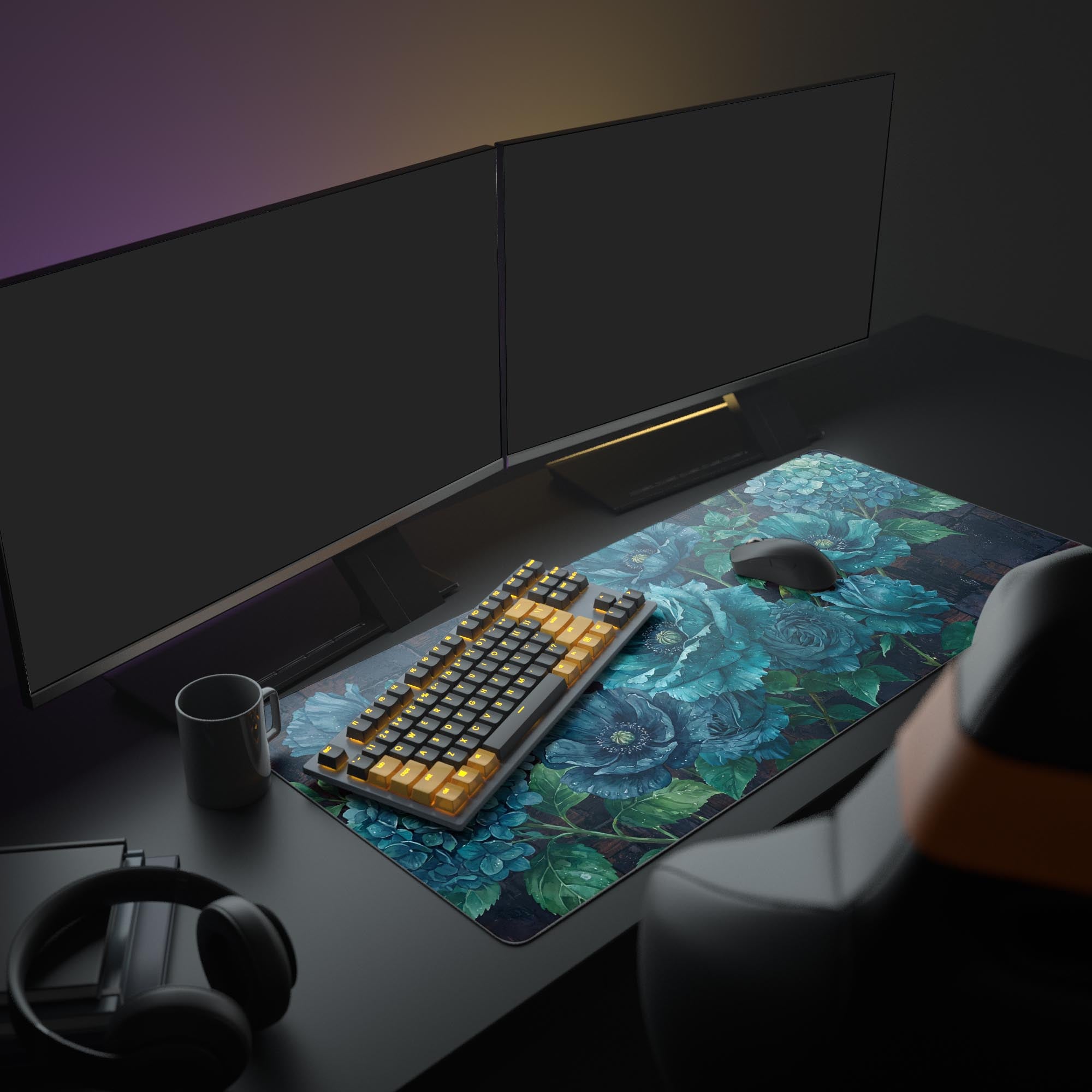A cozy PC gaming setup featuring the blue floral Velvet Bloom mouse pad, with illuminated peripherals and dual monitors creating a dark botanical aesthetic. - Epic Design Pads & Mousepads
