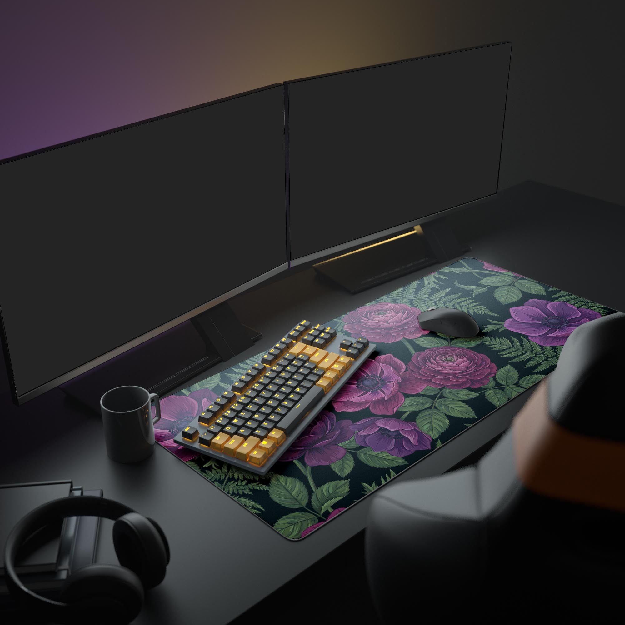 A PC setup featuring the dark floral Velvet Fern Gaming Desk Mat, complementing a minimalist keyboard and mouse for a sophisticated, botanical aesthetic. - Epic Design Pads & Mousepads