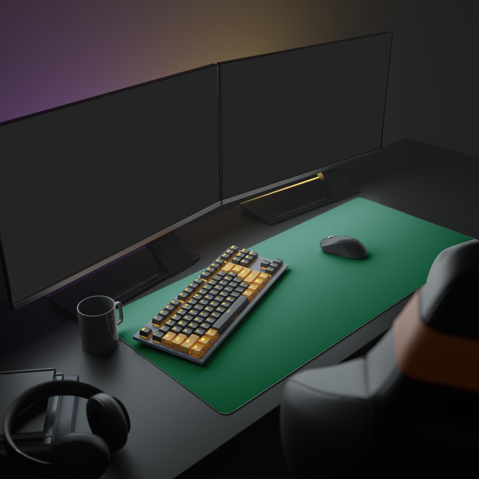 The Verdant Deep solid green mouse pad enhances a clean PC setup, providing a large, stable surface for a gaming keyboard and mouse under dual monitors. - Epic Design Pads & Mousepads