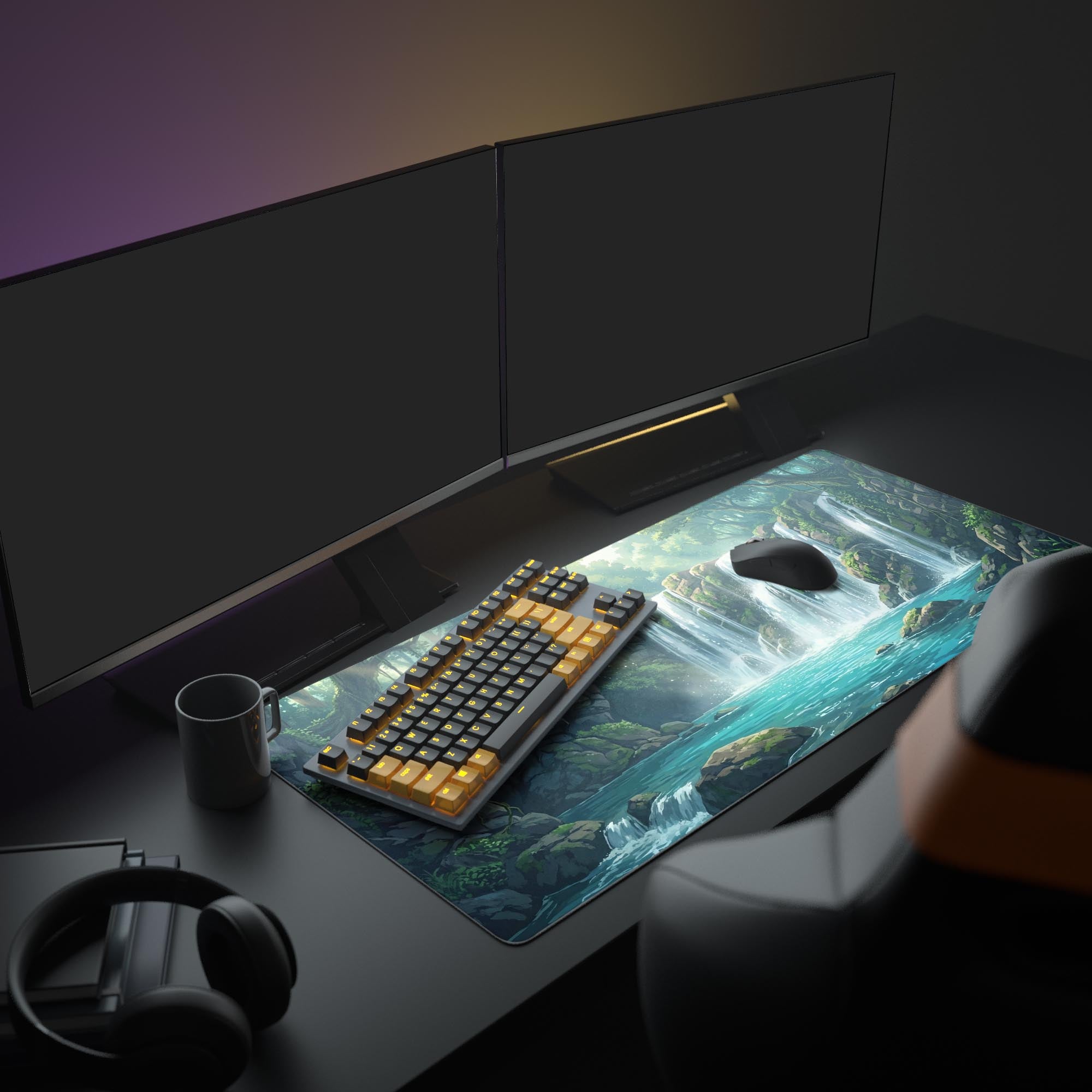 The Verdant Flow waterfall Mouse Pad enhances a PC gaming setup, sitting beneath a monitor and an illuminated keyboard. - Epic Design Pads & Mousepads