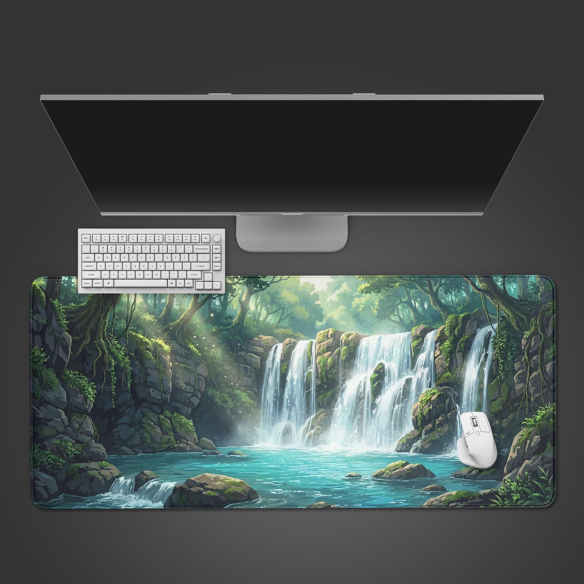 A top-down view of the Verdant Flow Gaming Desk Mat featuring a lush waterfall scene, shown with a white keyboard and mouse. - Epic Design Pads & Mousepads